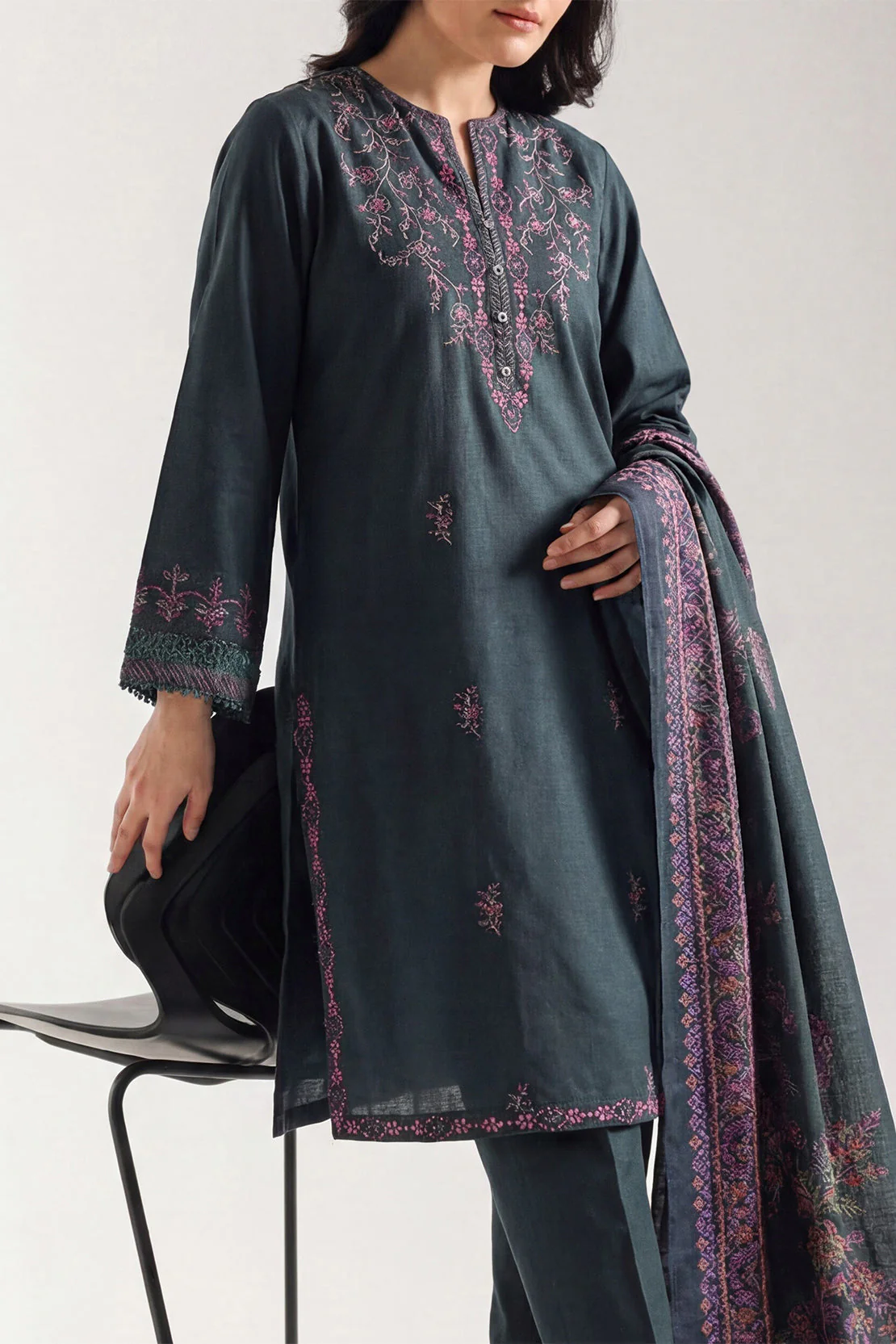 Solid Embroidered Khaddar Stitched 3 Piece