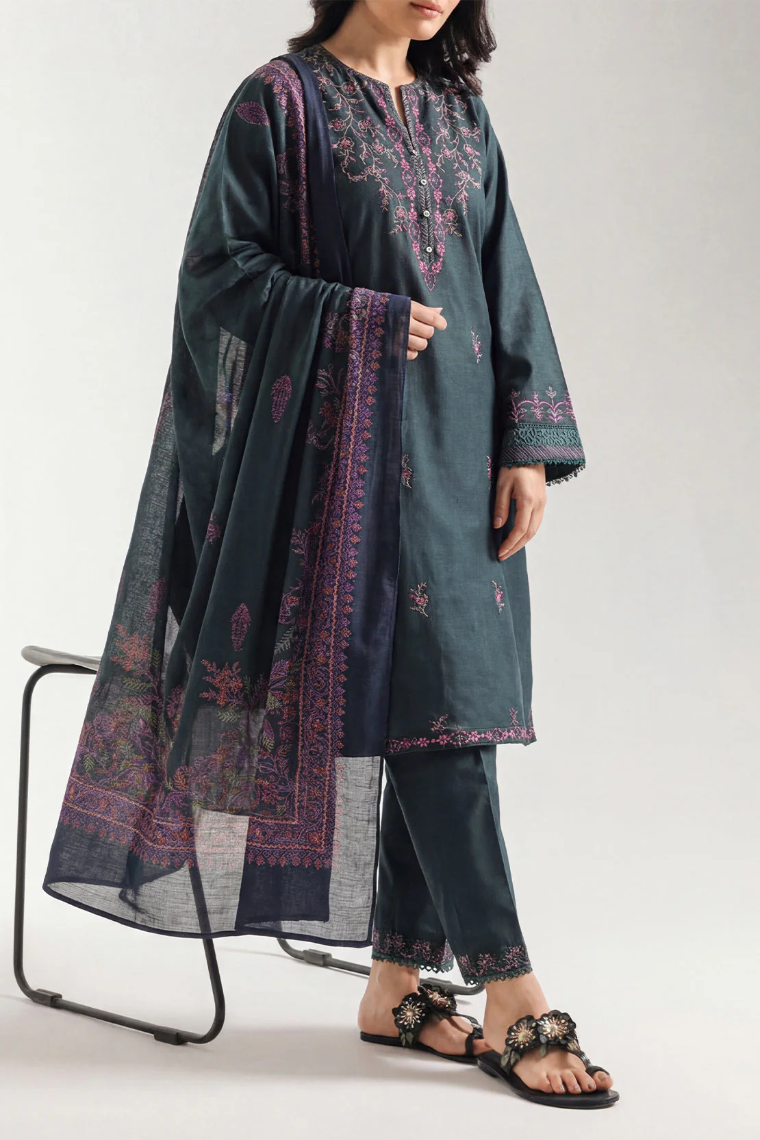 Solid Embroidered Khaddar Stitched 3 Piece - Image 2