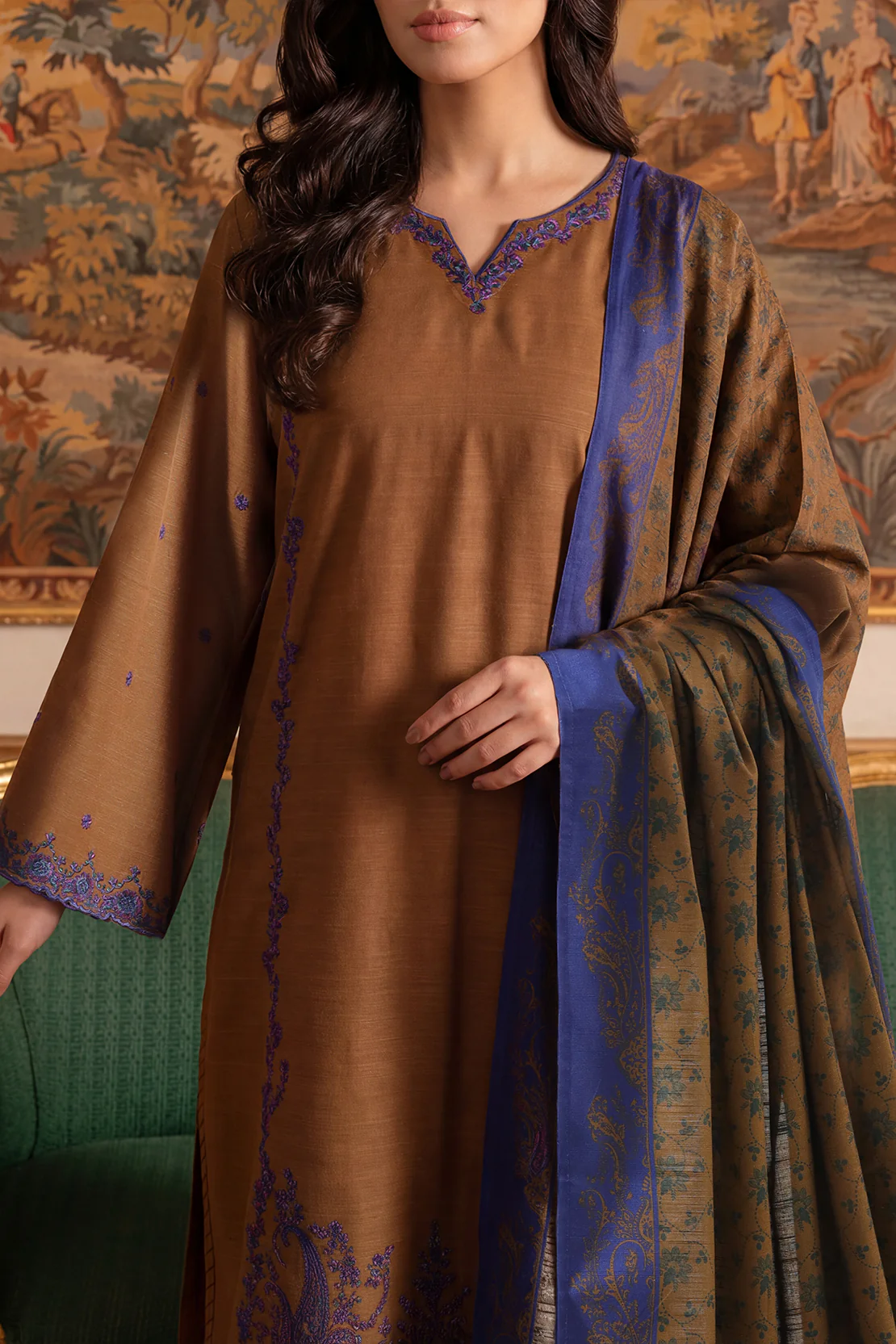 Solid Embroidered Khaddar Stitched 3 Piece - Image 2