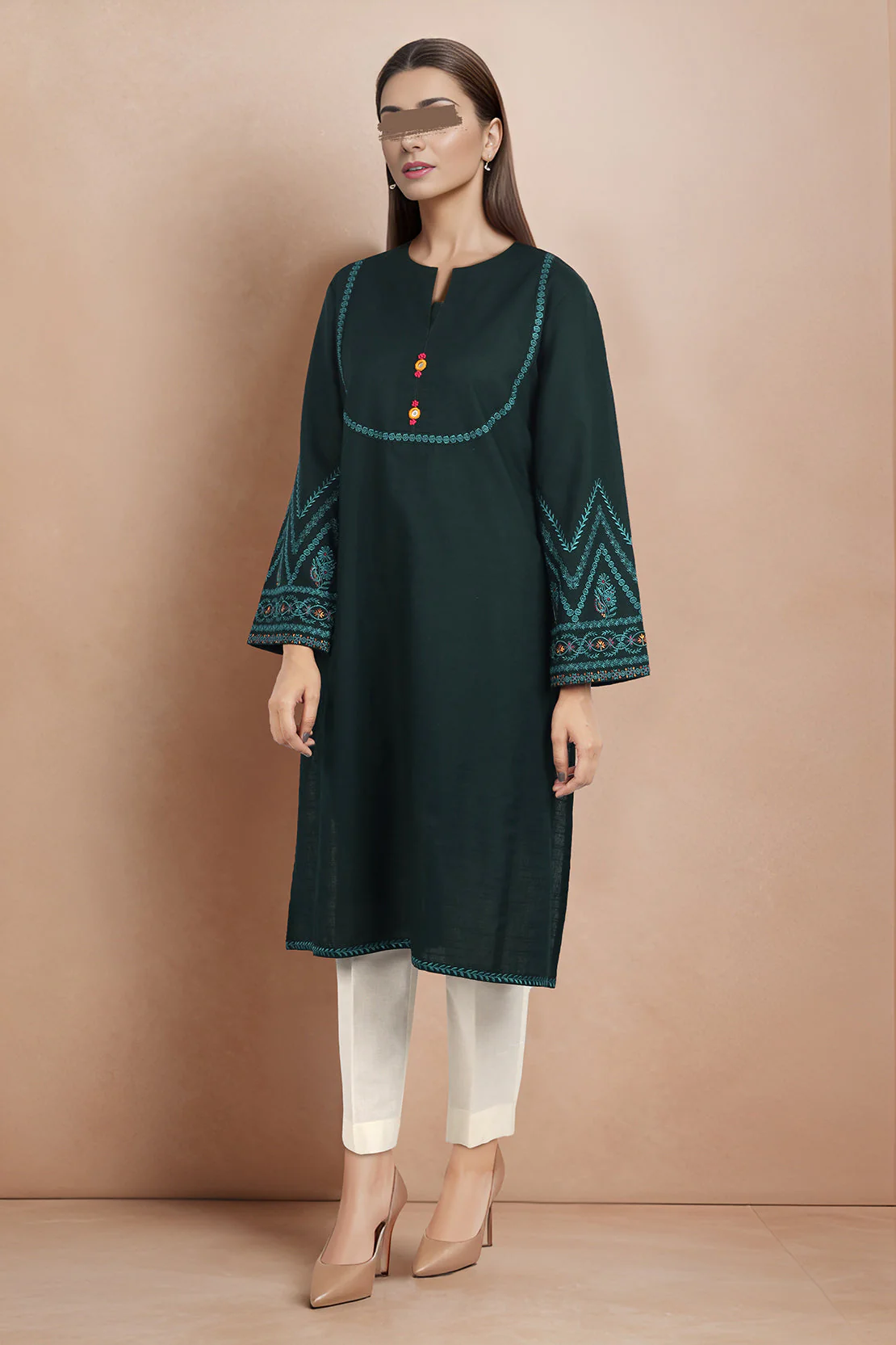 Solid Embroidered Khaddar Stitched Shirt - Image 2