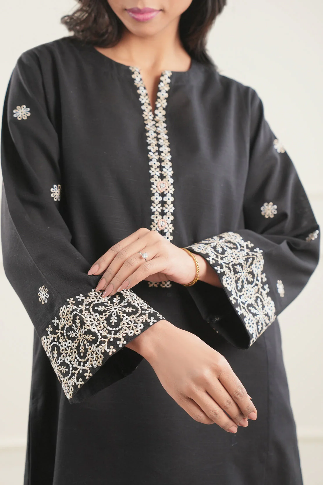 Solid Embroidered Khaddar Stitched Shirt  & Bottom - Image 2