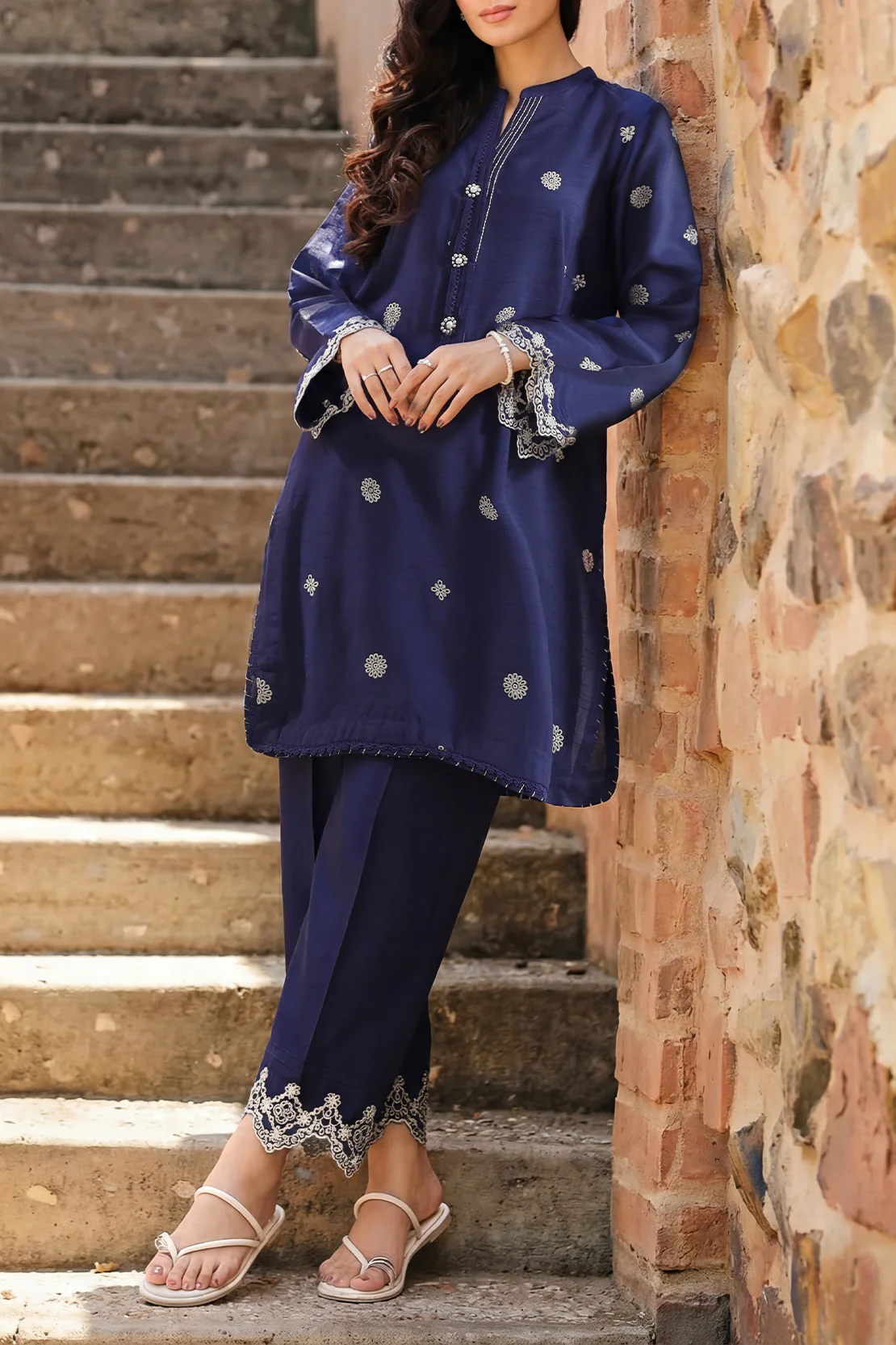 Solid Embroidered Korean Silk Stitched 2 Piece (Shirt/Trouser)