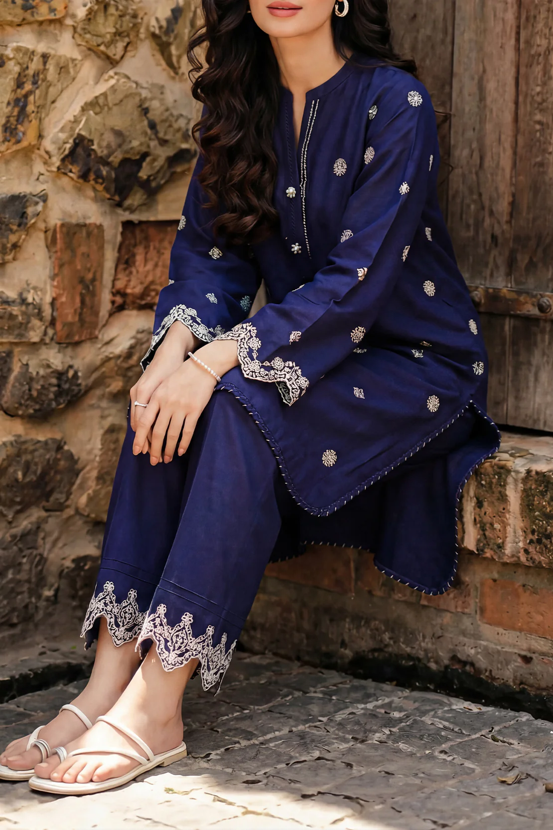 Solid Embroidered Korean Silk Stitched 2 Piece (Shirt/Trouser) - Image 3