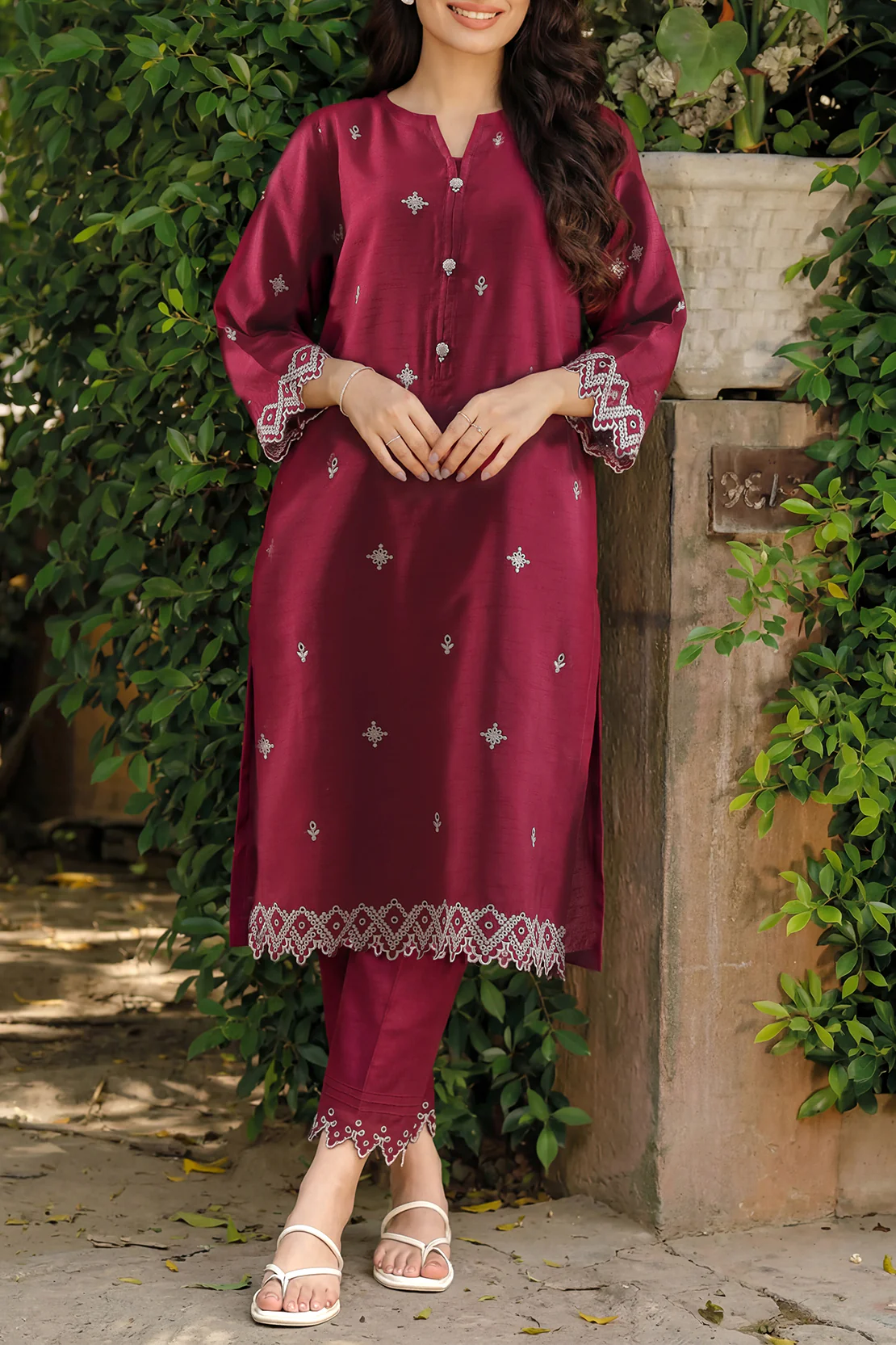 Solid Embroidered Korean Silk Stitched 2 Piece (Shirt/Trouser)