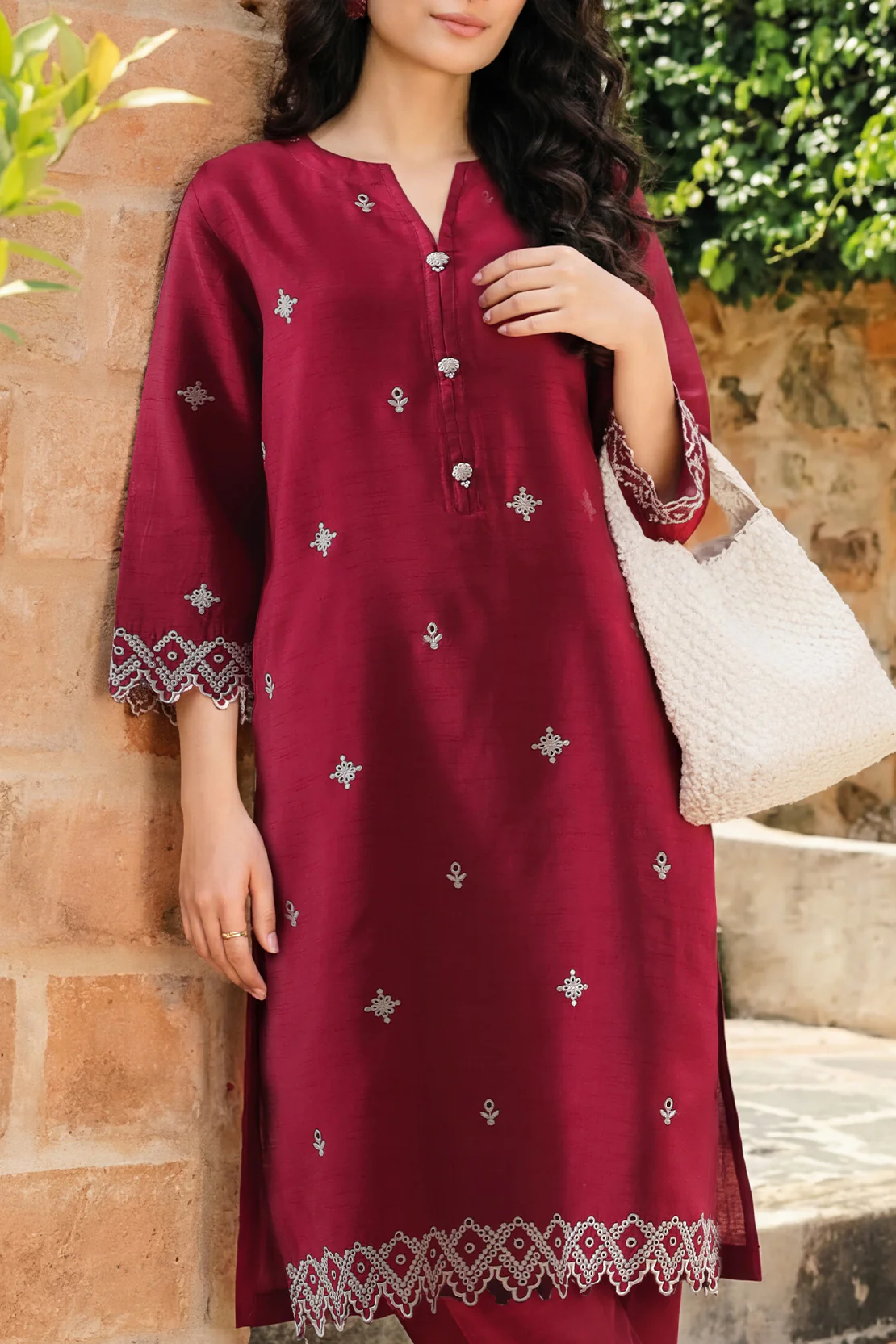 Solid Embroidered Korean Silk Stitched 2 Piece (Shirt/Trouser) - Image 2