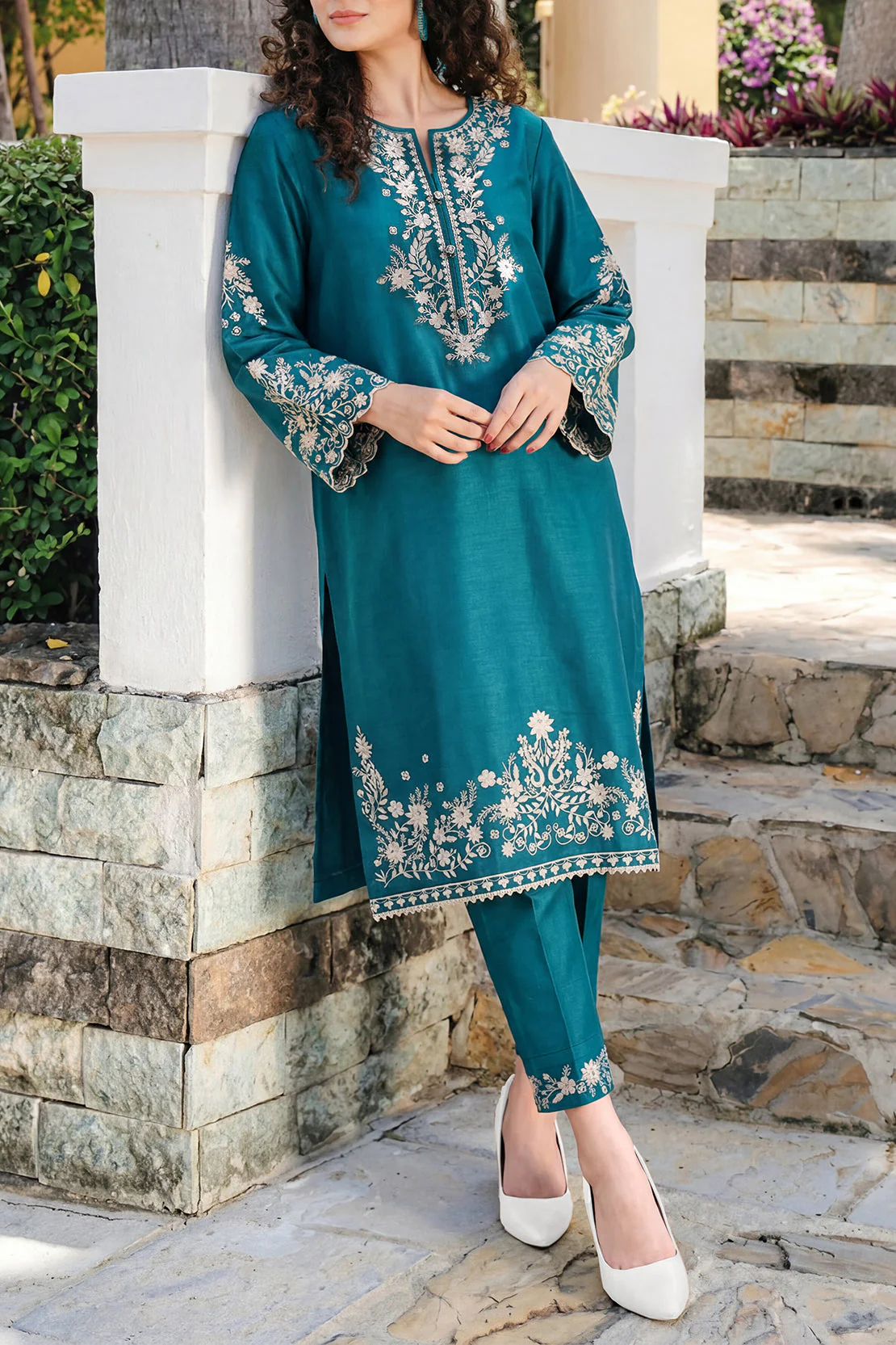 Solid Embroidered Korean Silk Stitched 2 Piece (Shirt/Trouser)