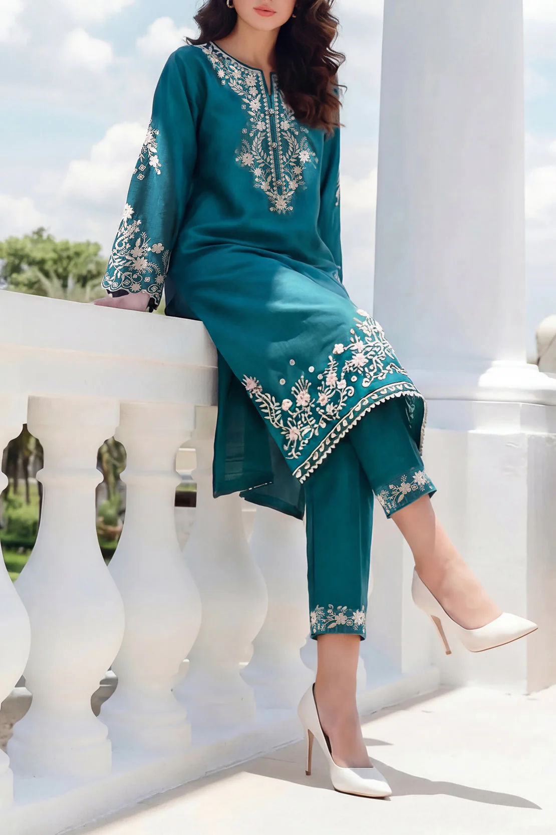 Solid Embroidered Korean Silk Stitched 2 Piece (Shirt/Trouser) - Image 2