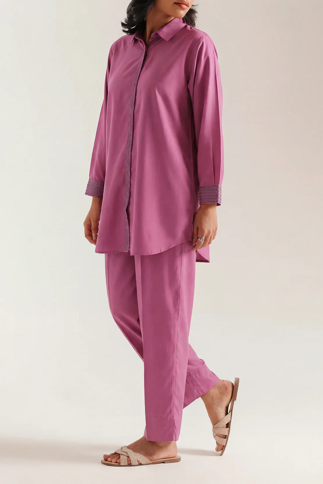Solid Embroidered Polyester Stitched 2 Piece (Shirt/Trouser)