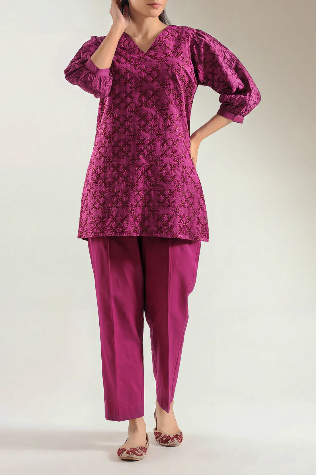 Solid Embroidered Poplin Stitched 2 piece (Shirt/Trouser)