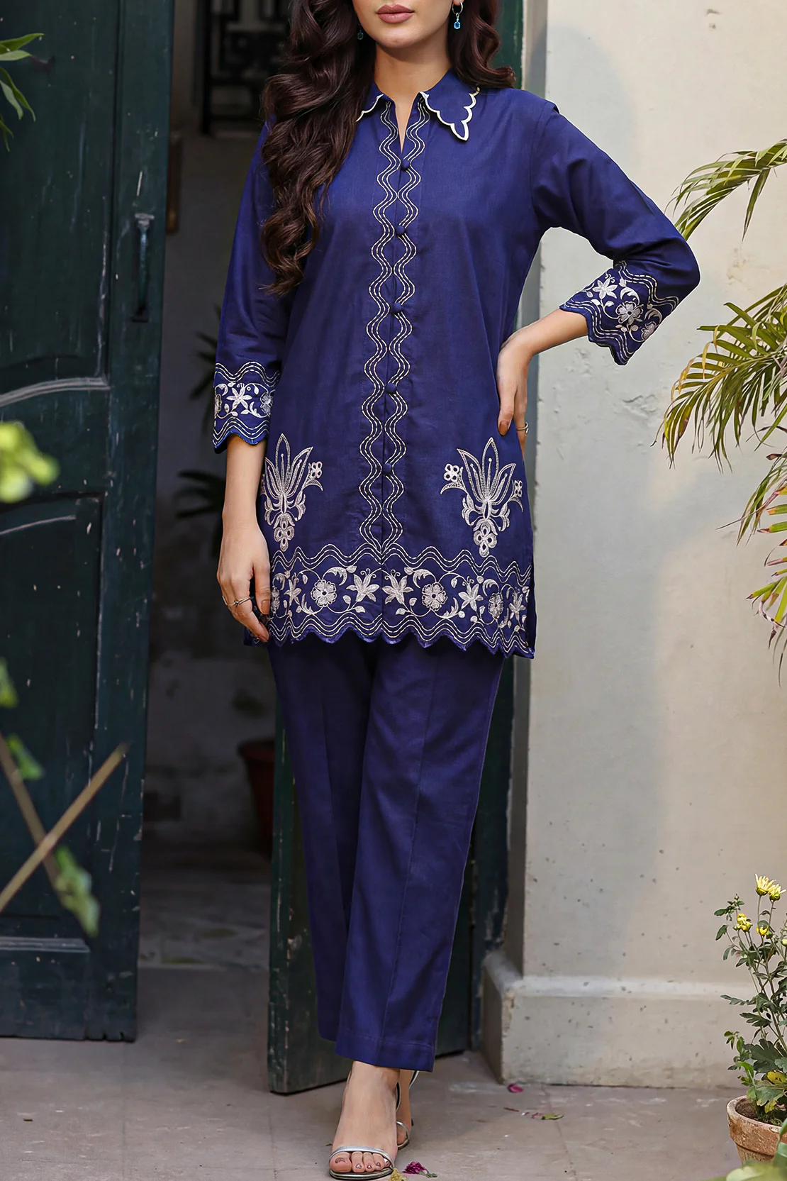 Solid Embroidered Poplin Stitched 2 piece (Shirt/Trouser)