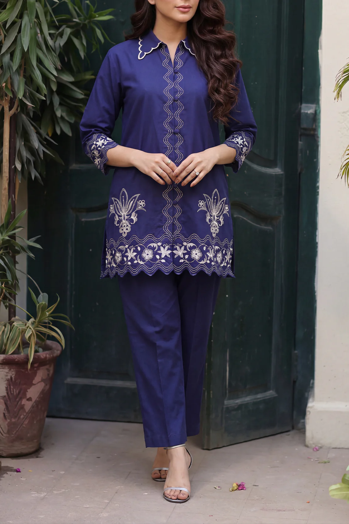 Solid Embroidered Poplin Stitched 2 piece (Shirt/Trouser) - Image 3