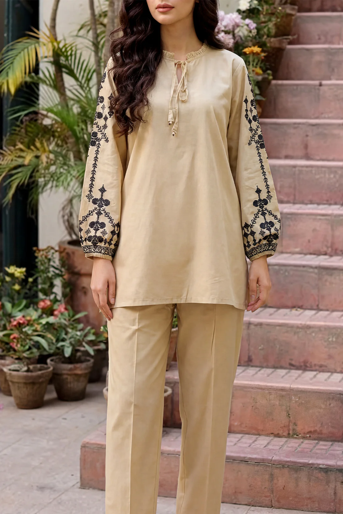 Solid Embroidered Poplin Stitched 2 piece (Shirt/Trouser) - Image 3