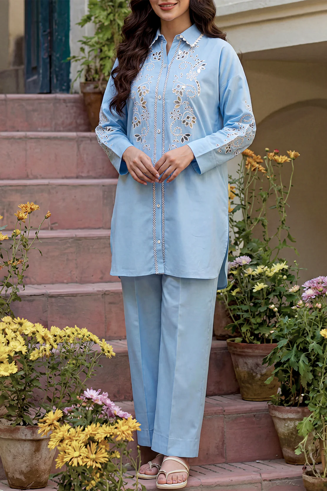 Solid Embroidered Poplin Stitched 2 piece (Shirt/Trouser)