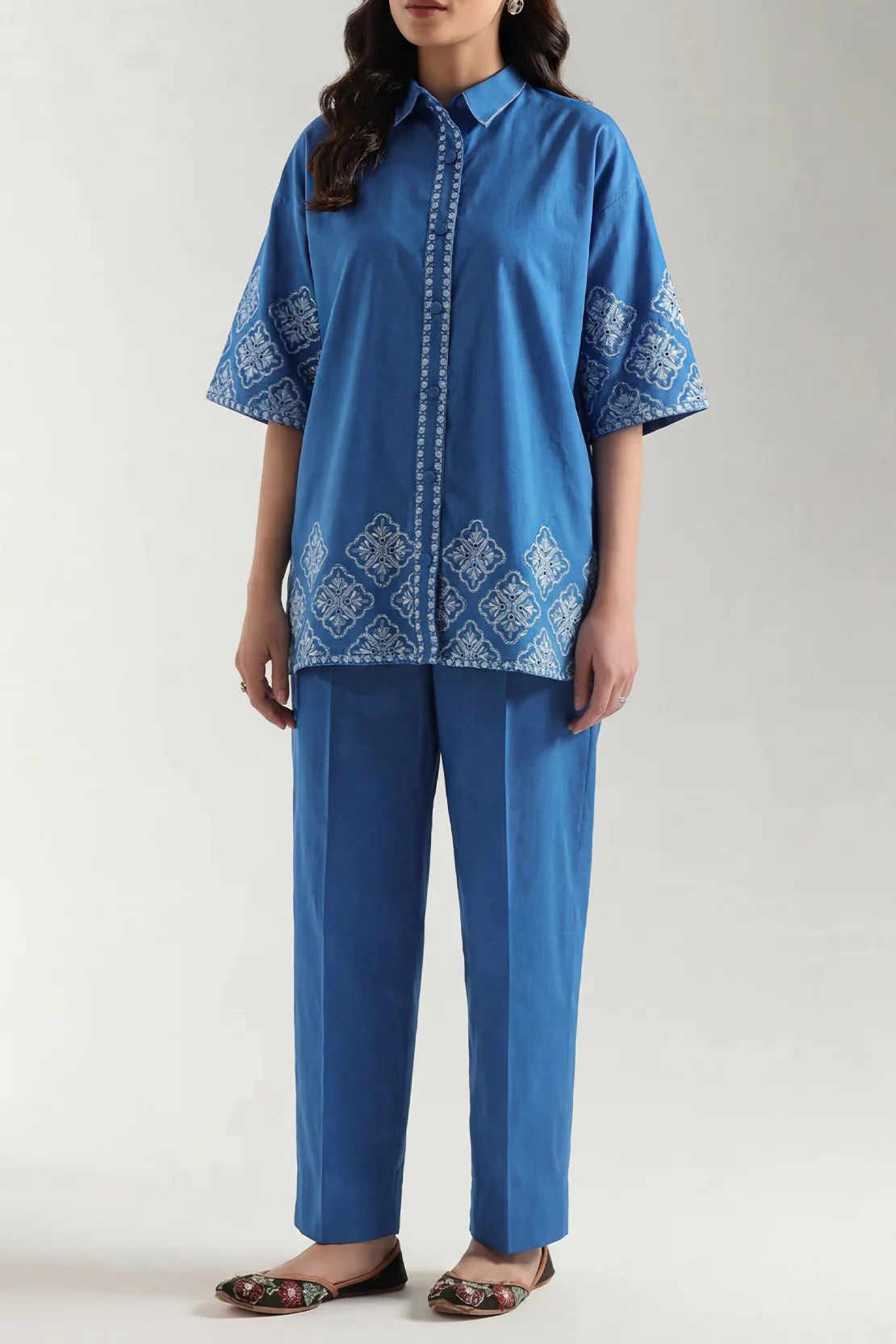 Solid Embroidered Poplin Stitched 2 piece (Shirt/Trouser) - Image 2