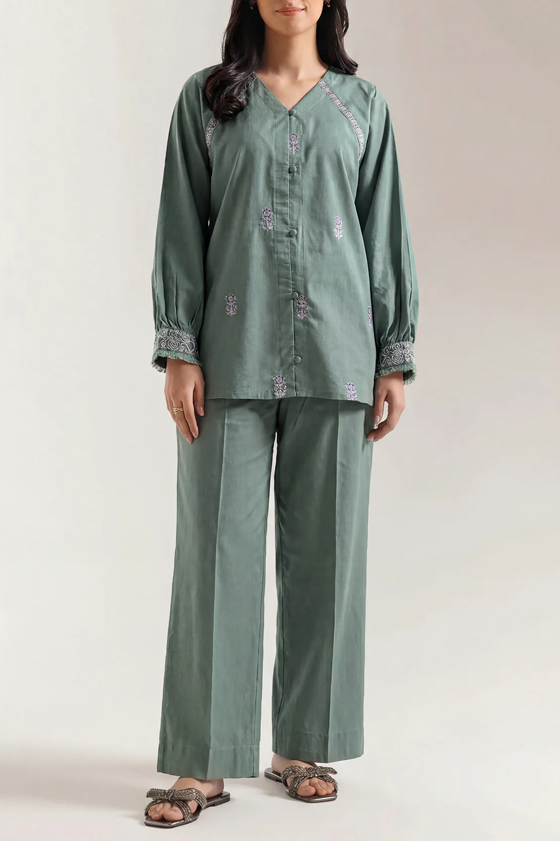 Solid Embroidered Poplin Stitched 2 piece (Shirt/Trouser)
