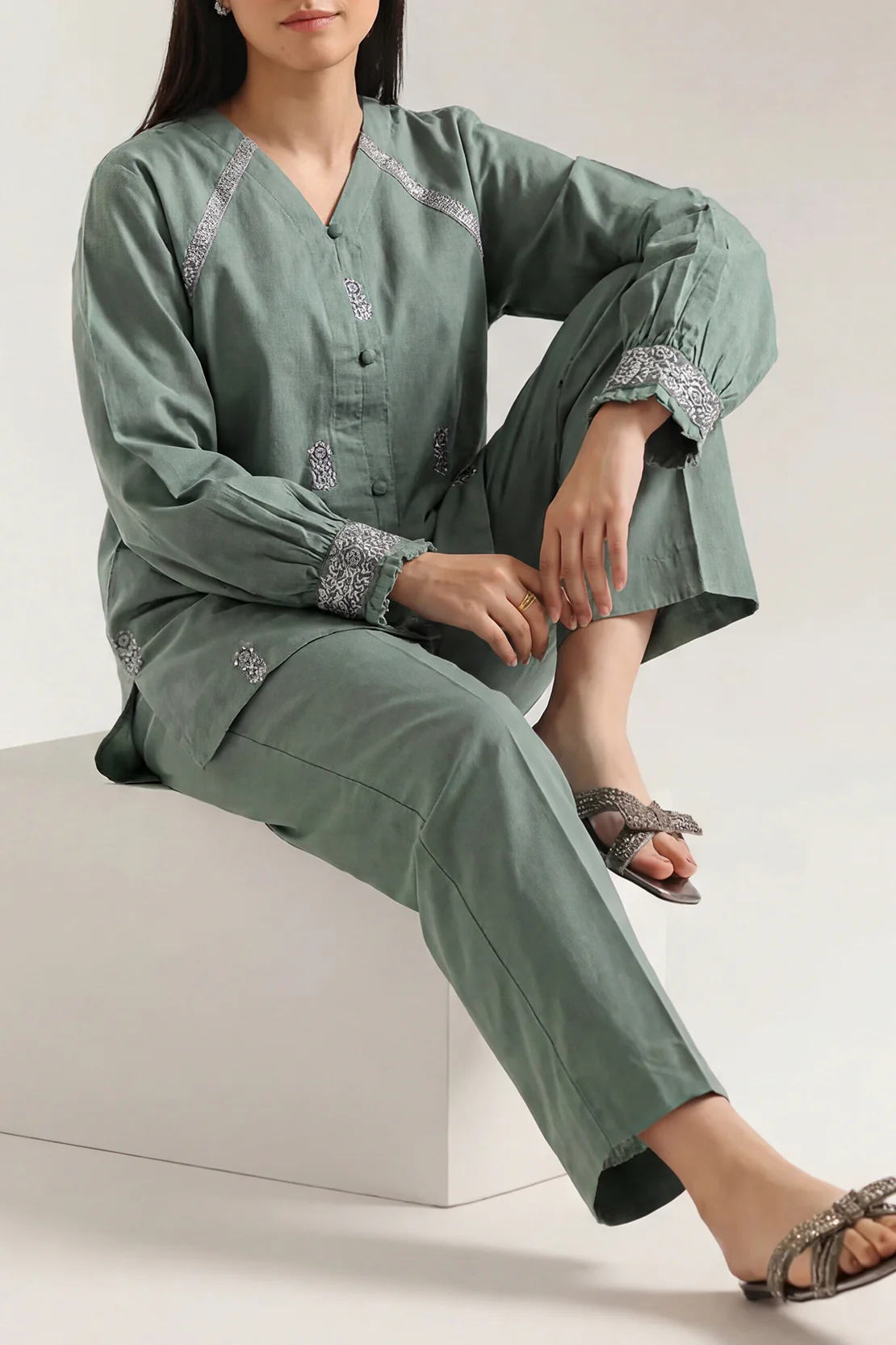 Solid Embroidered Poplin Stitched 2 piece (Shirt/Trouser) - Image 2