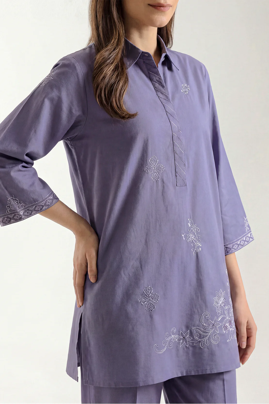 Solid Embroidered Poplin Stitched 2 piece (Shirt/Trouser) - Image 2