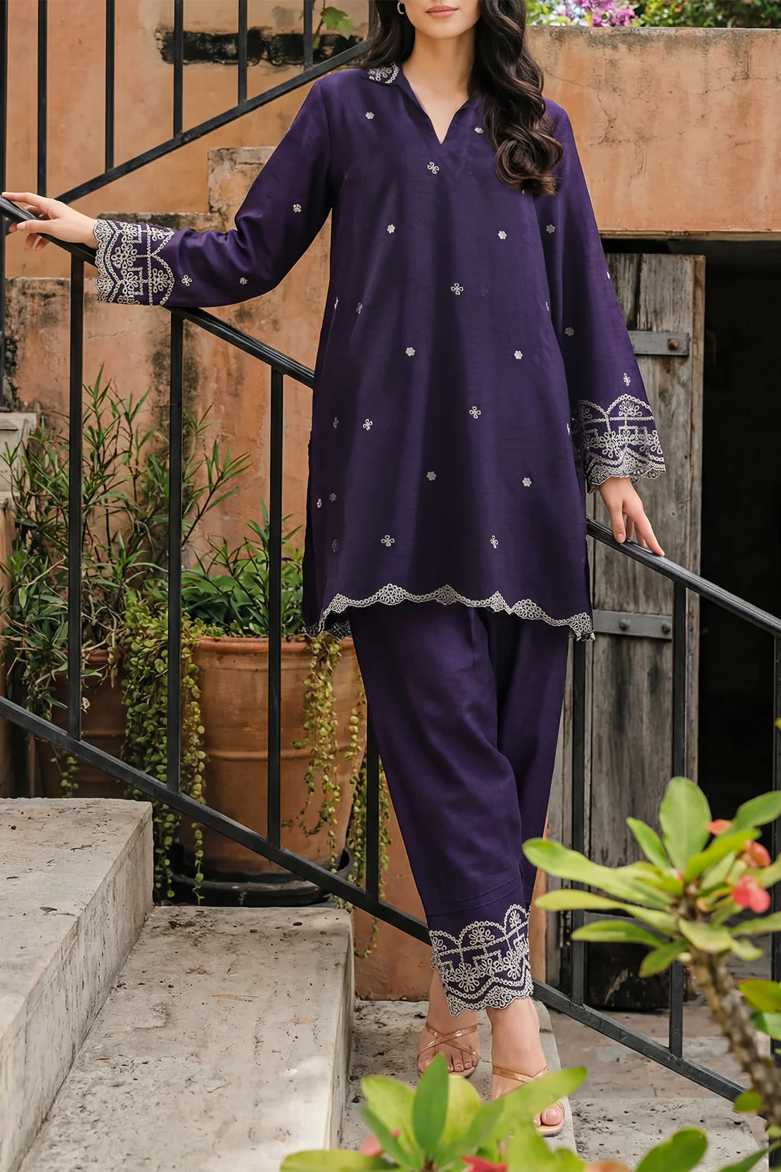 Solid Embroidered Silk Stitched 2 Piece (Shirt/Trouser)