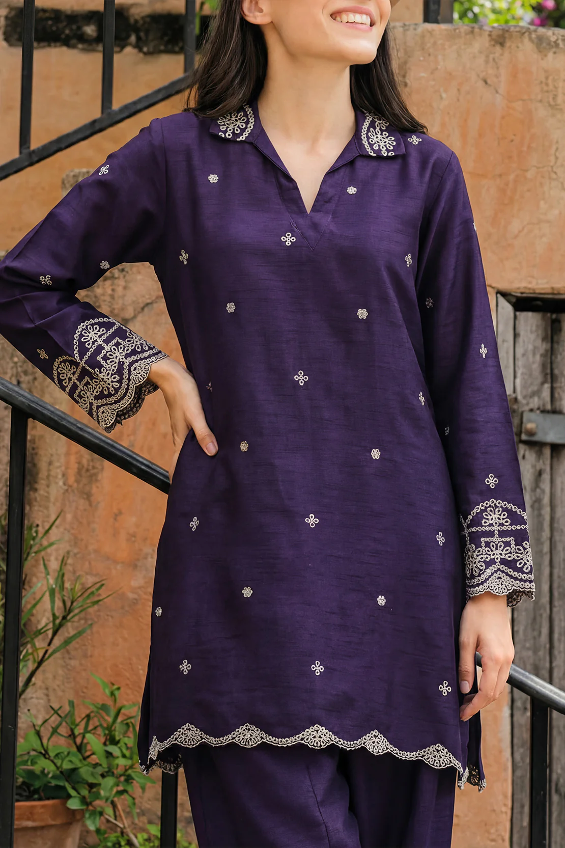 Solid Embroidered Silk Stitched 2 Piece (Shirt/Trouser) - Image 2