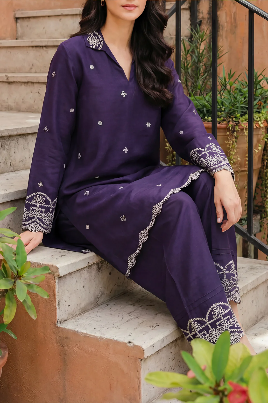 Solid Embroidered Silk Stitched 2 Piece (Shirt/Trouser) - Image 3