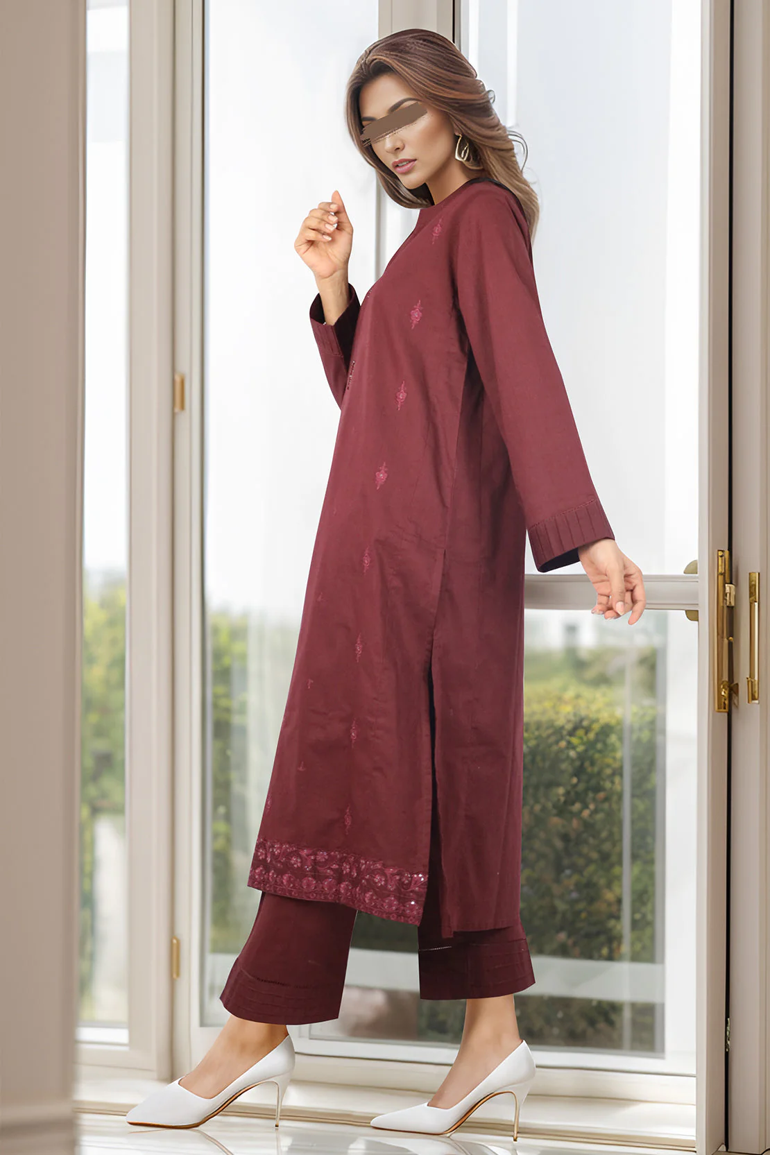 Solid Embroidered Slub Cotton Stitched 2 Piece (Shirt/Trouser) - Image 2