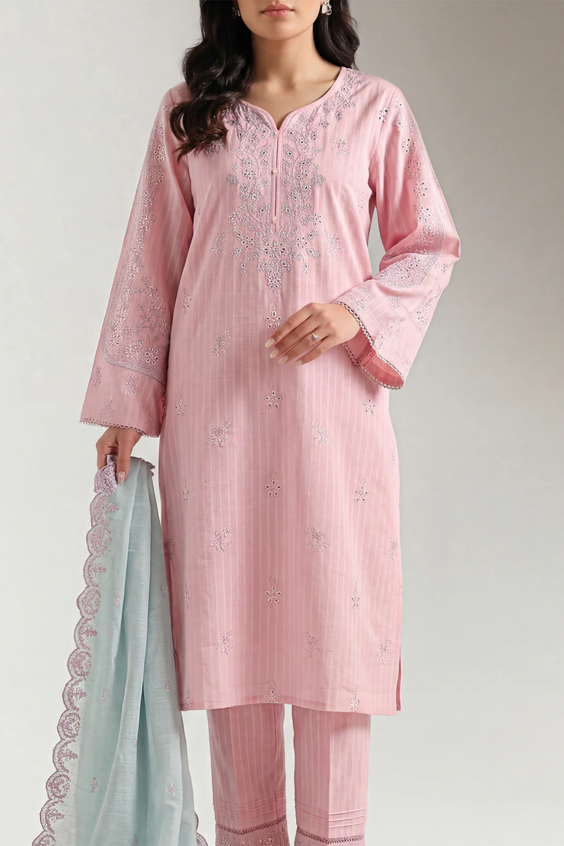 Solid Embroidered Slub Cotton Stitched 2 Piece (Shirt/Trouser) - Image 2