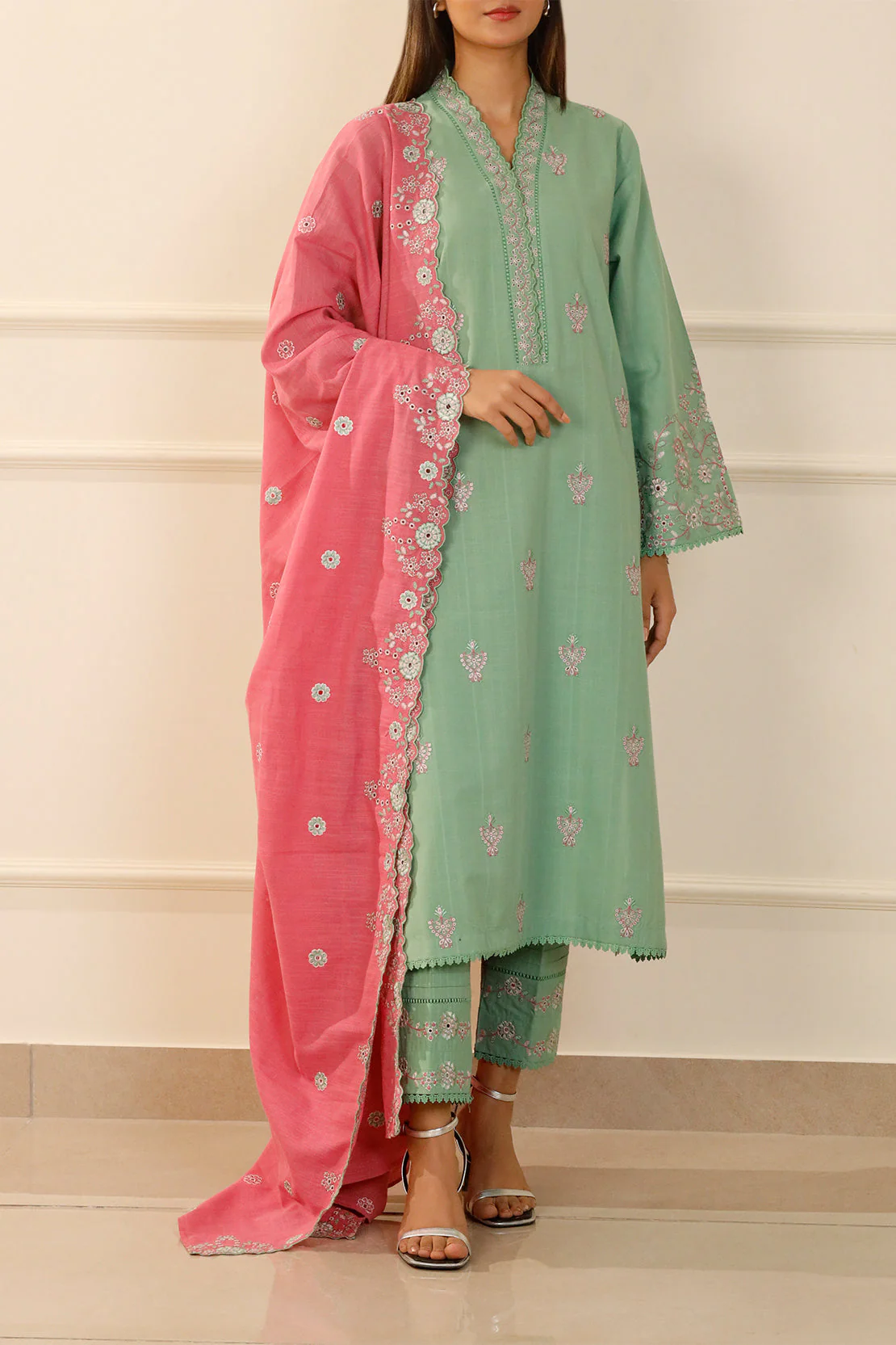 Solid Embroidered Slub Cotton Stitched 2 Piece (Shirt/Trouser)