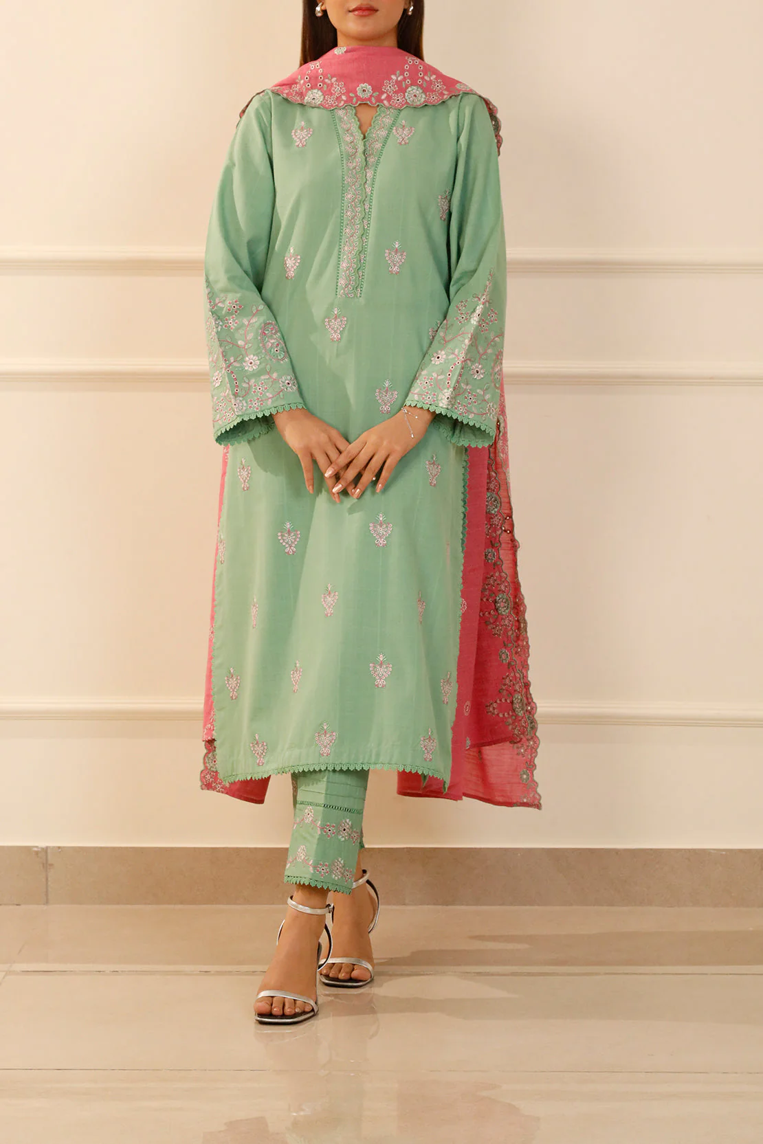 Solid Embroidered Slub Cotton Stitched 2 Piece (Shirt/Trouser) - Image 2