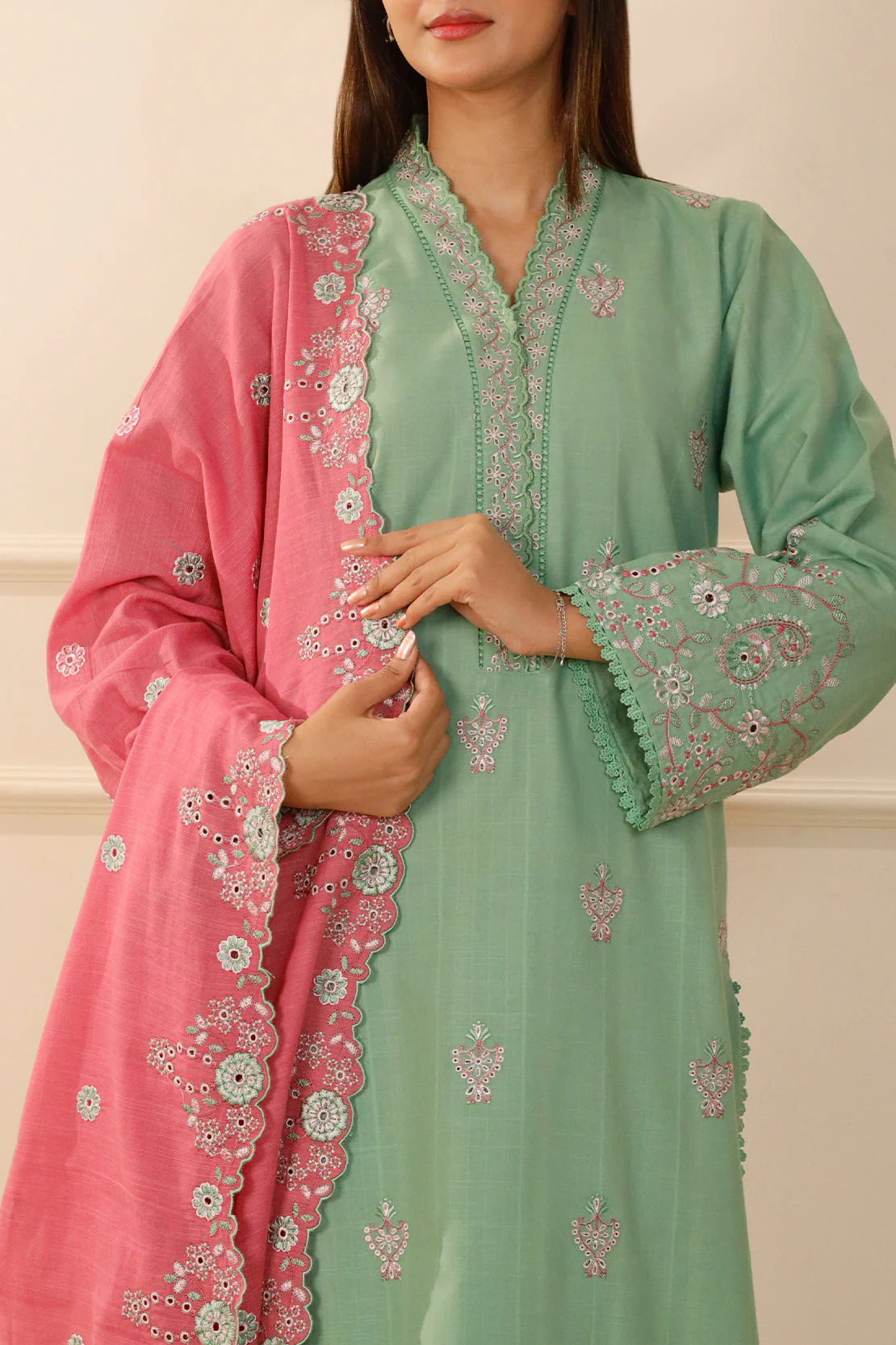 Solid Embroidered Slub Cotton Stitched 2 Piece (Shirt/Trouser) - Image 4