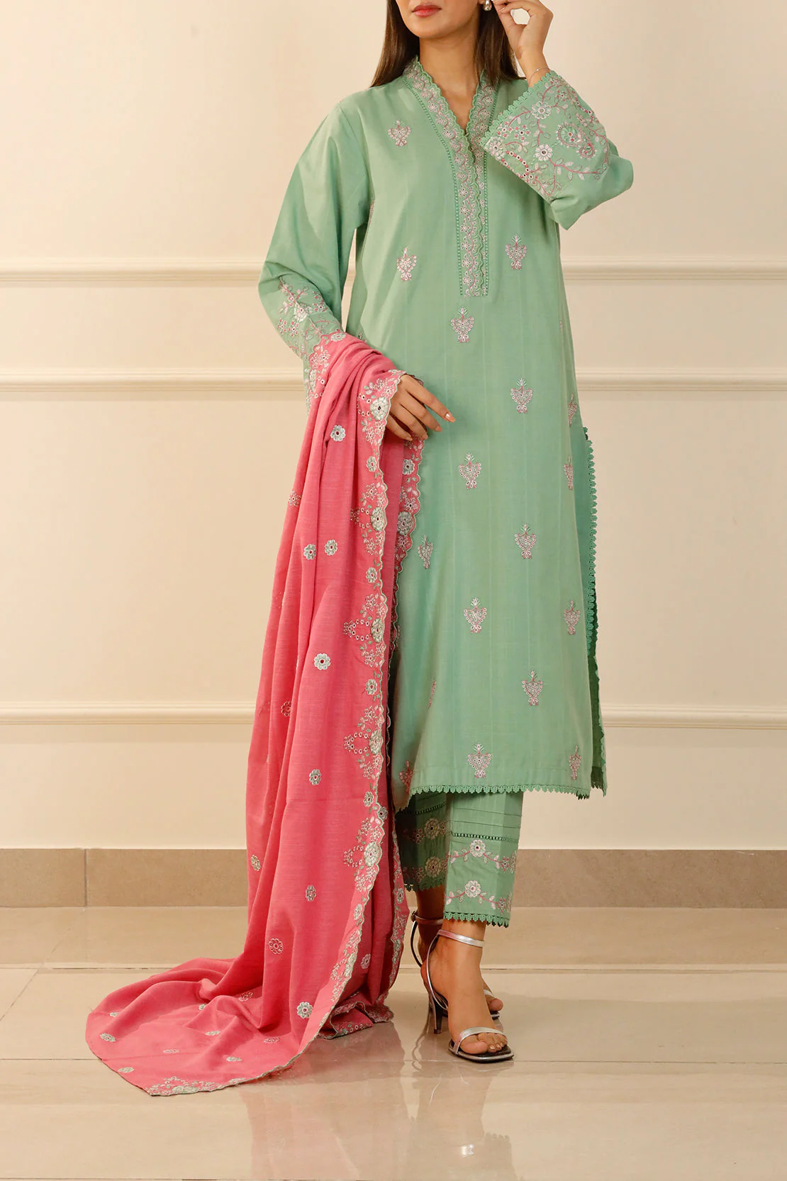 Solid Embroidered Slub Cotton Stitched 2 Piece (Shirt/Trouser) - Image 8