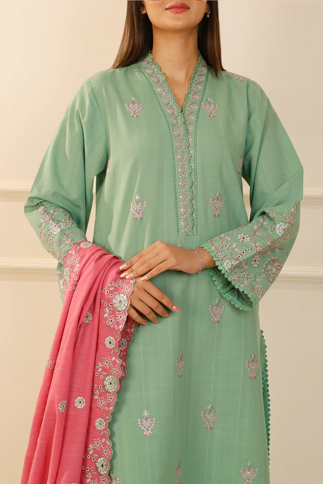 Solid Embroidered Slub Cotton Stitched 2 Piece (Shirt/Trouser) - Image 9