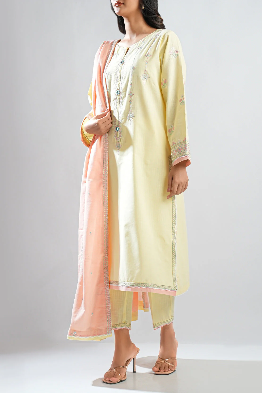 Solid Embroidered Slub Cotton Stitched 2 Piece (Shirt/Trouser) - Image 2