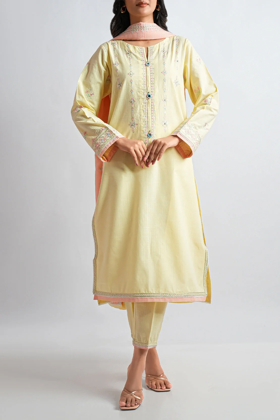 Solid Embroidered Slub Cotton Stitched 2 Piece (Shirt/Trouser) - Image 3