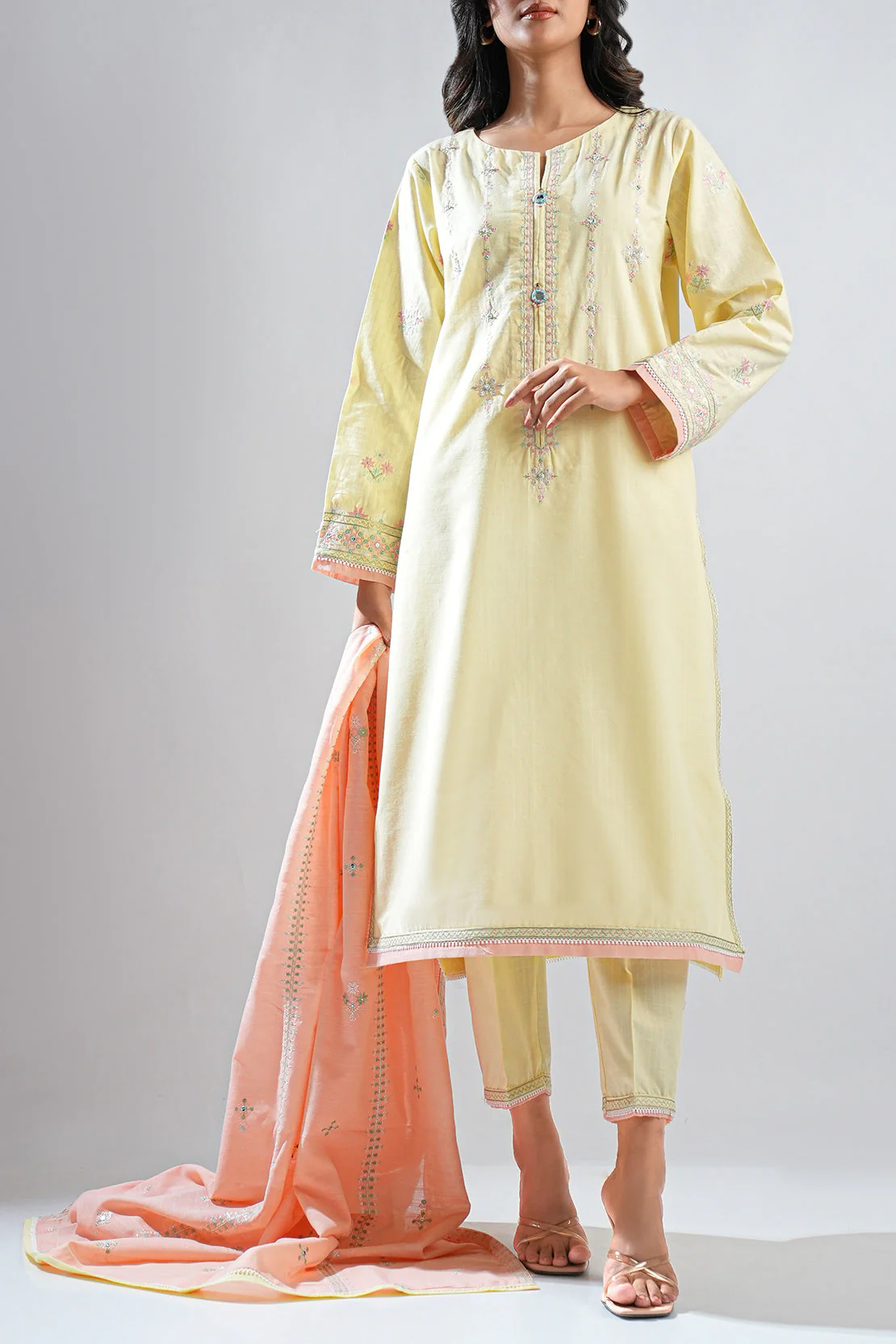 Solid Embroidered Slub Cotton Stitched 2 Piece (Shirt/Trouser) - Image 4