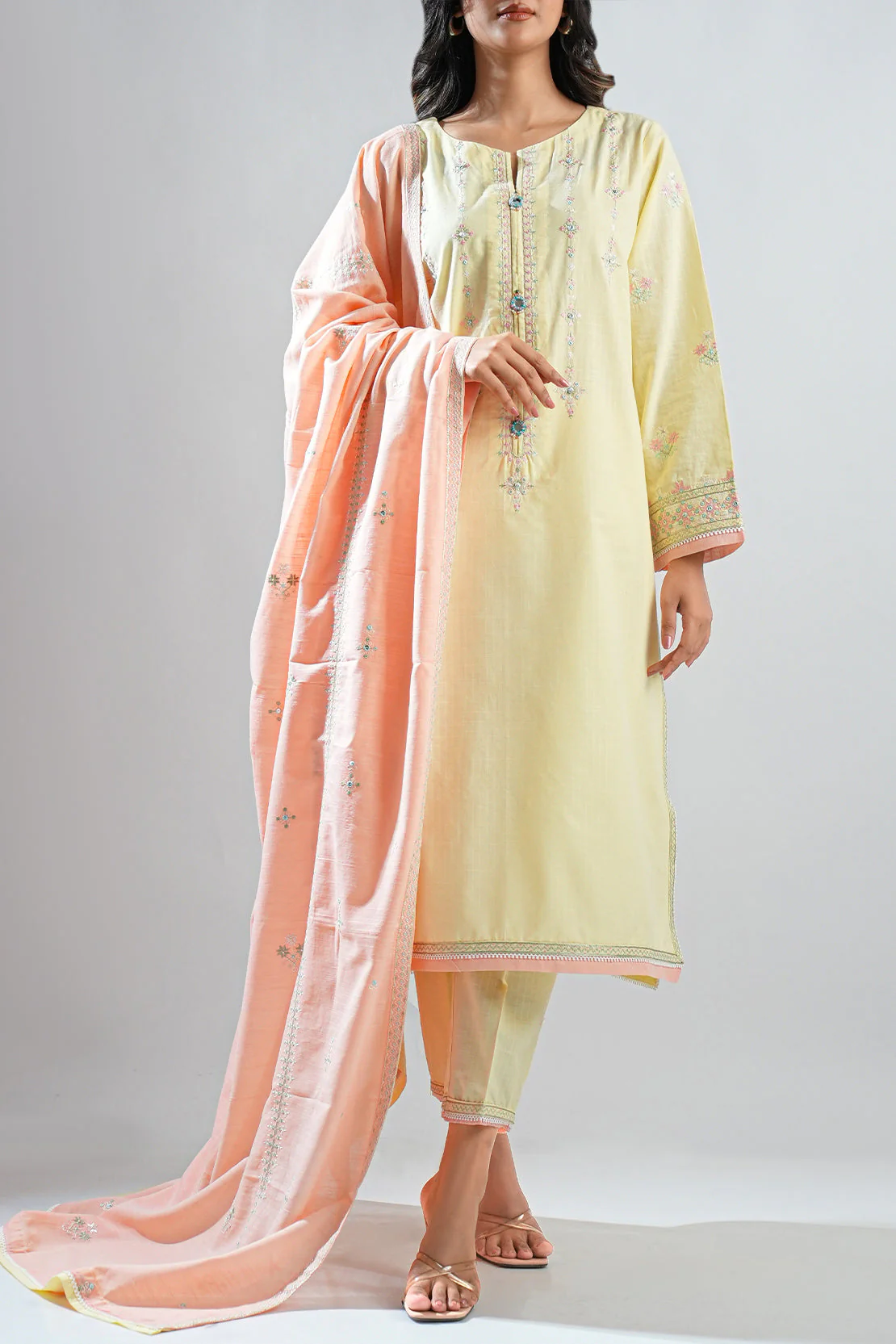 Solid Embroidered Slub Cotton Stitched 2 Piece (Shirt/Trouser) - Image 5