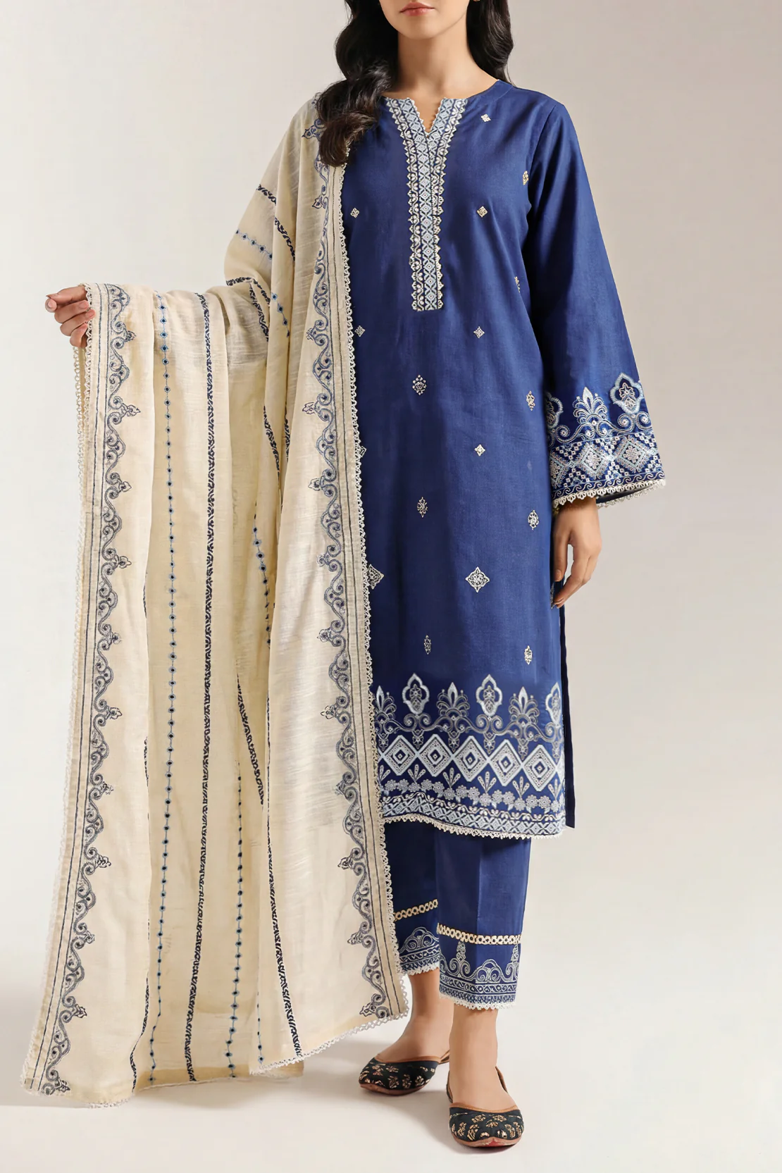 Solid Embroidered Slub Cotton Stitched 2 Piece (Shirt/Trouser)