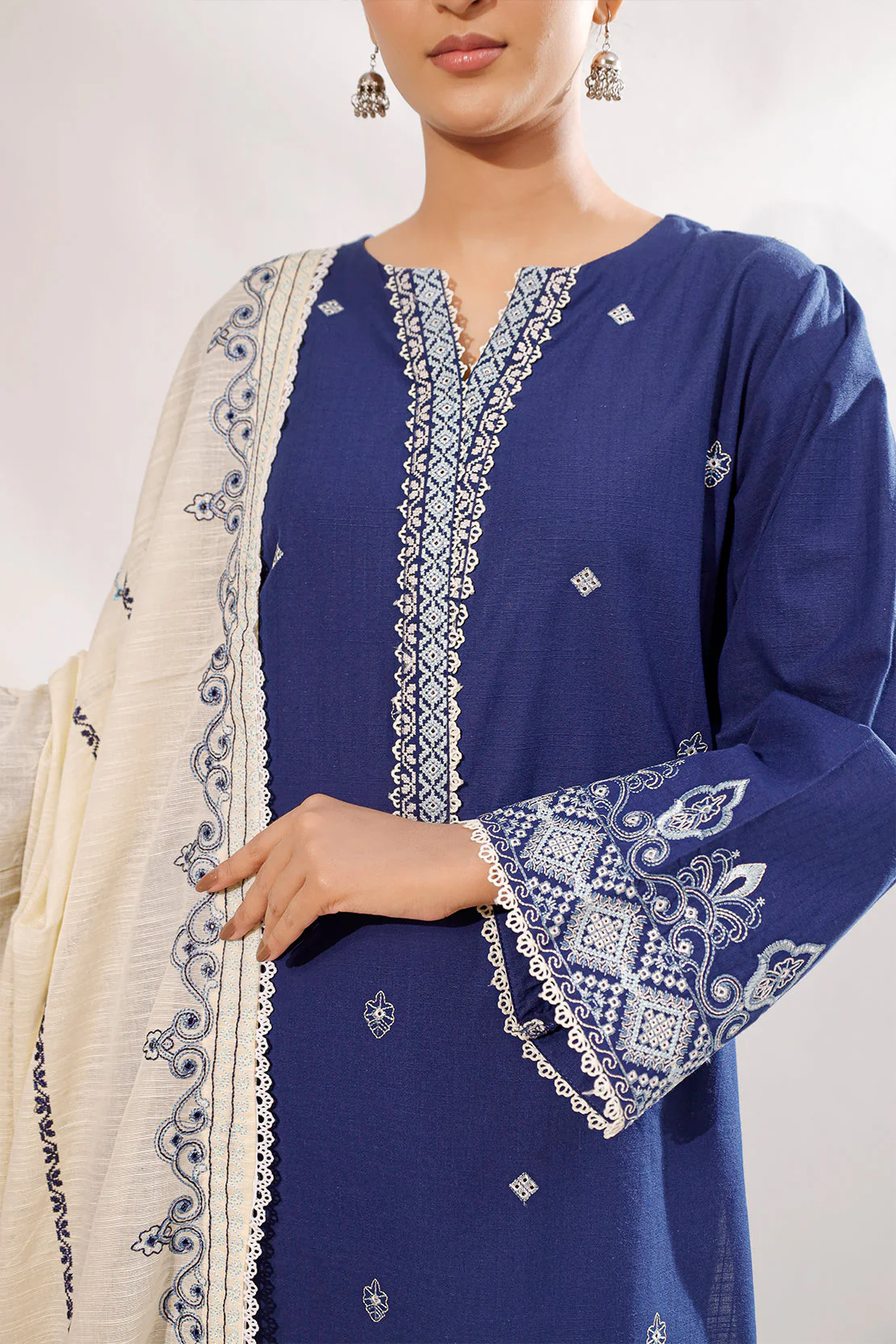 Solid Embroidered Slub Cotton Stitched 2 Piece (Shirt/Trouser) - Image 2