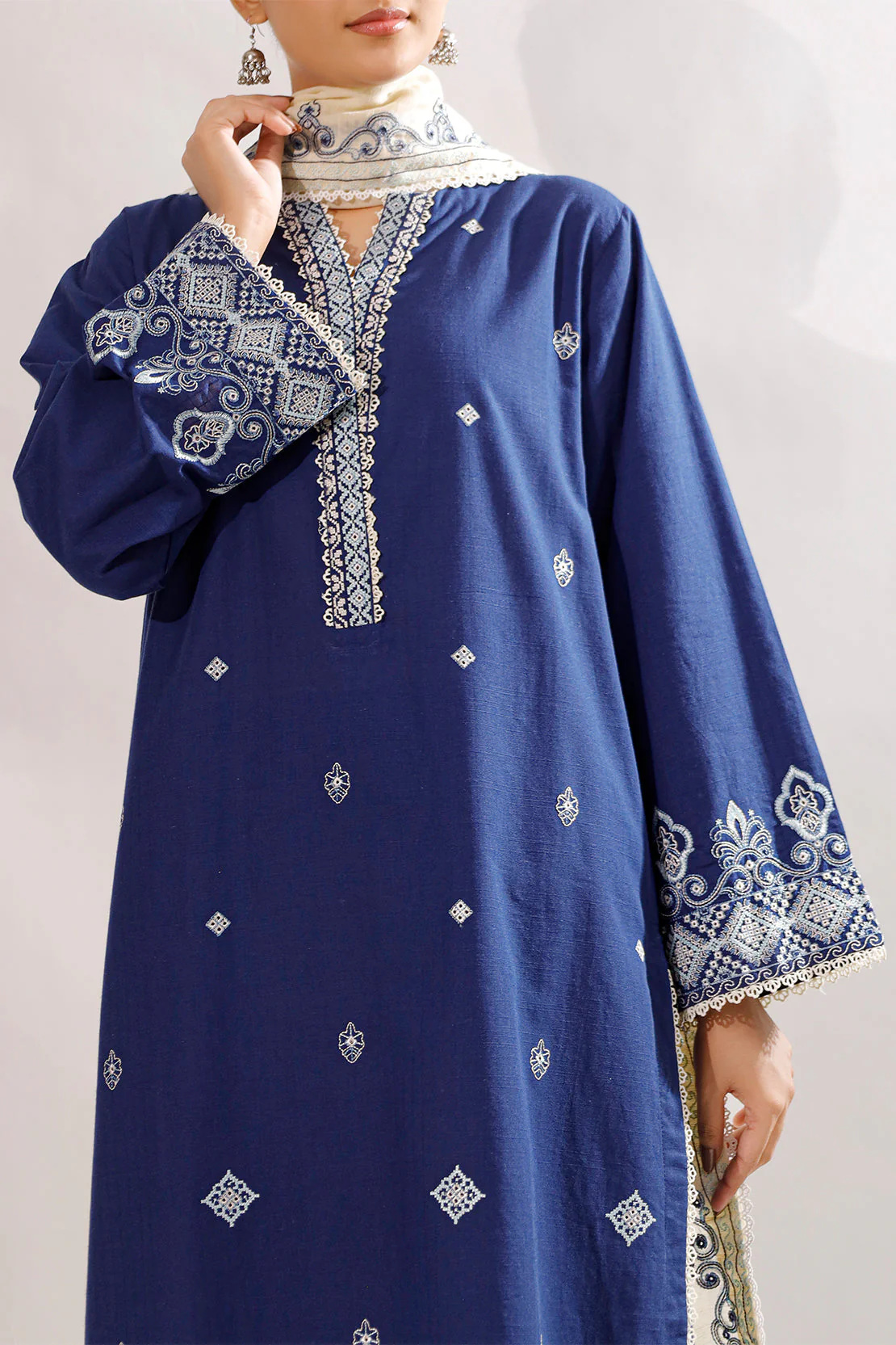 Solid Embroidered Slub Cotton Stitched 2 Piece (Shirt/Trouser) - Image 3