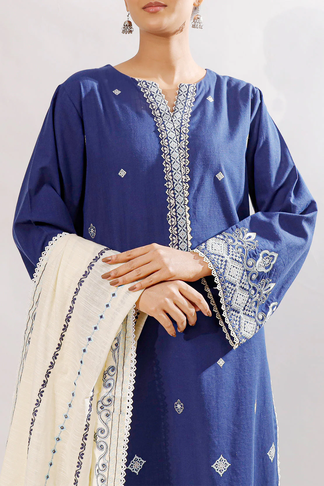 Solid Embroidered Slub Cotton Stitched 2 Piece (Shirt/Trouser) - Image 4