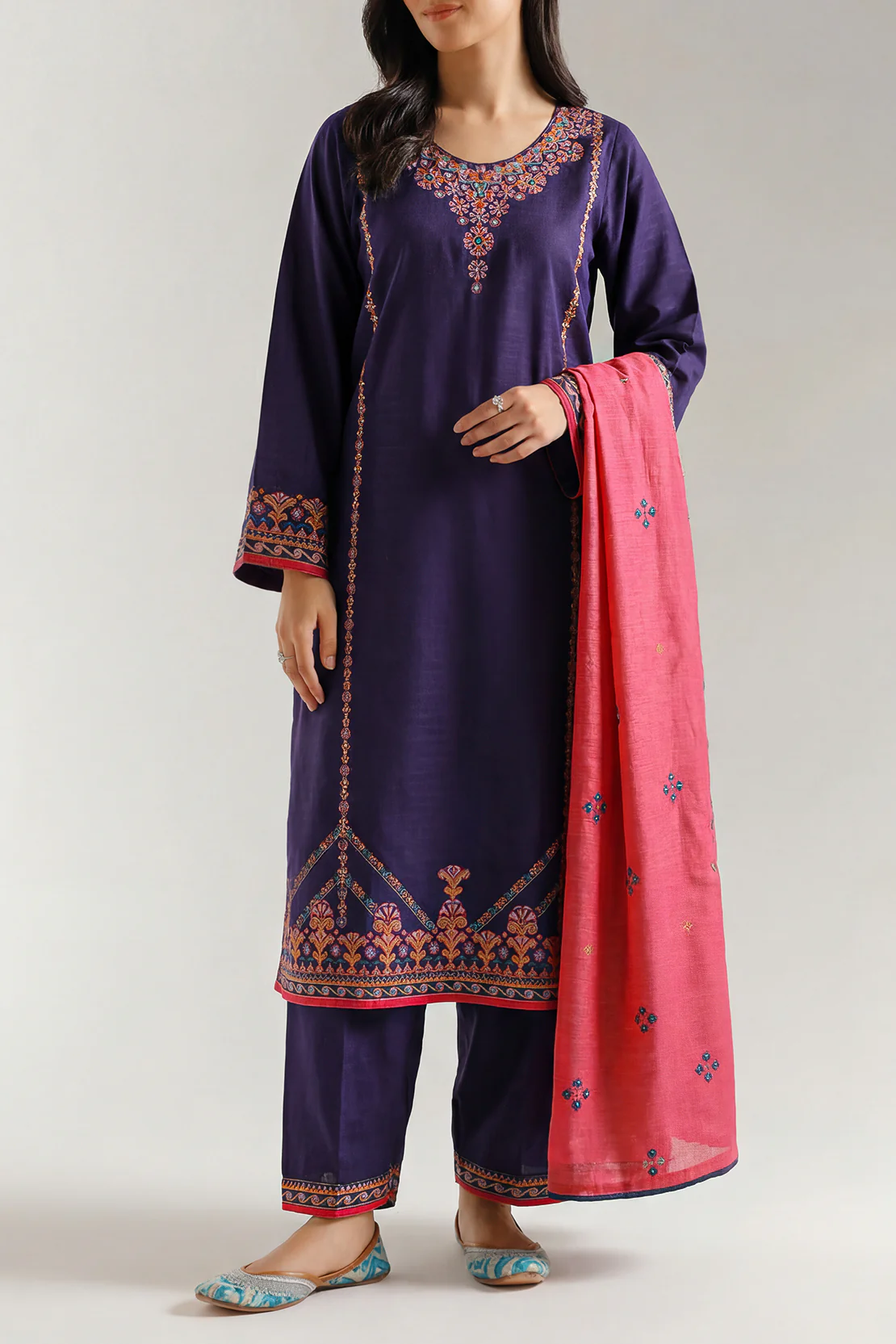 Solid Embroidered Slub Cotton Stitched 2 Piece (Shirt/Trouser)