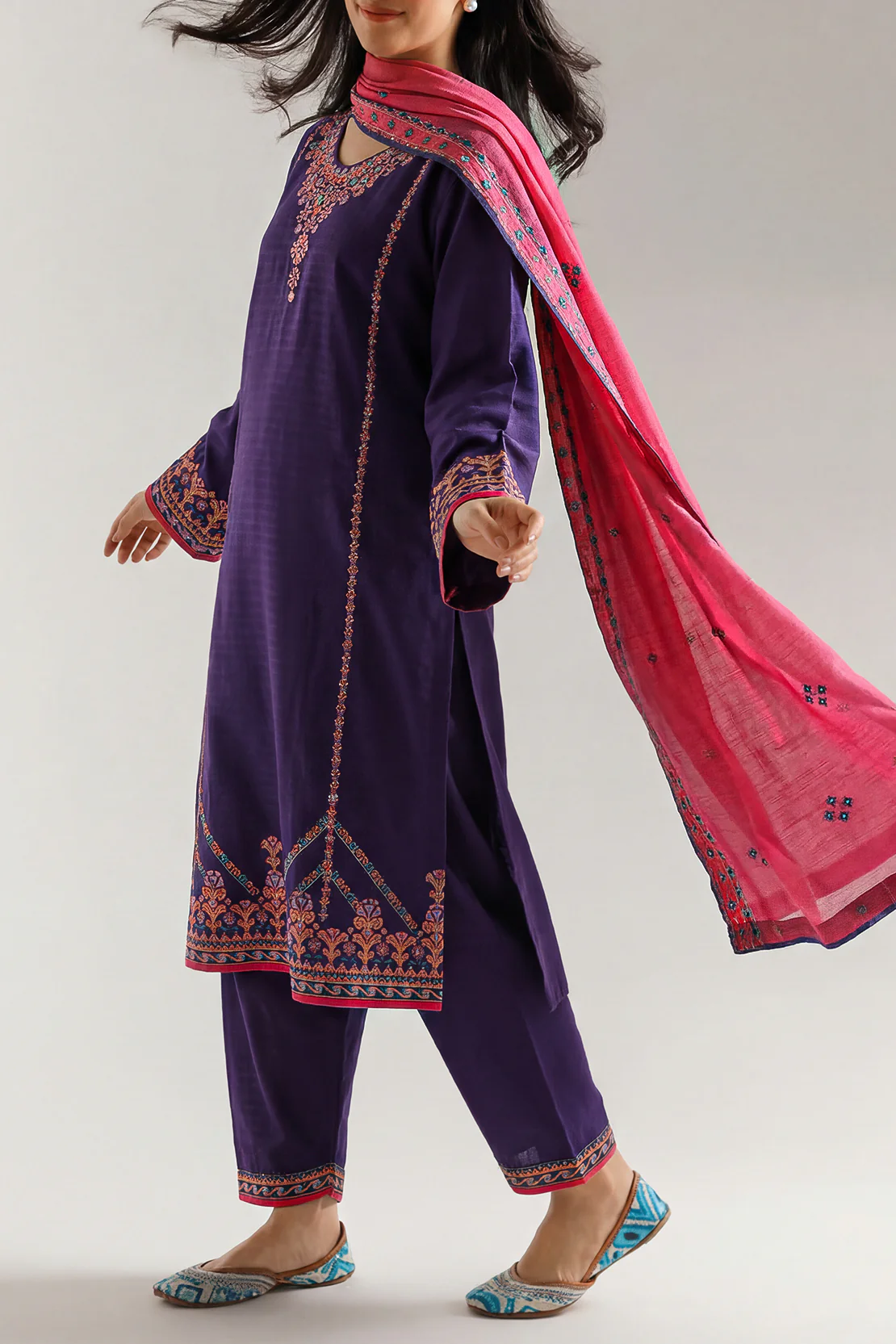 Solid Embroidered Slub Cotton Stitched 2 Piece (Shirt/Trouser) - Image 2