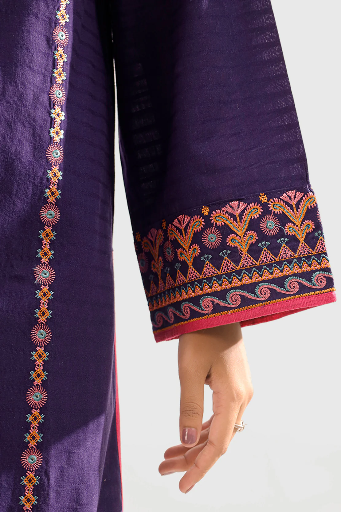 Solid Embroidered Slub Cotton Stitched 2 Piece (Shirt/Trouser) - Image 4