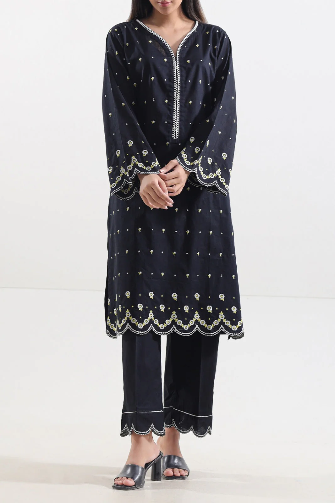 Solid Embroidered Slub Cotton Stitched 2 Piece (Shirt/Trouser)