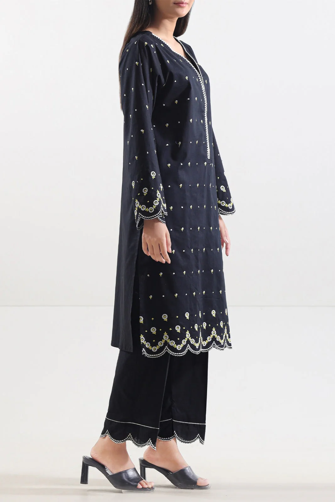Solid Embroidered Slub Cotton Stitched 2 Piece (Shirt/Trouser) - Image 2