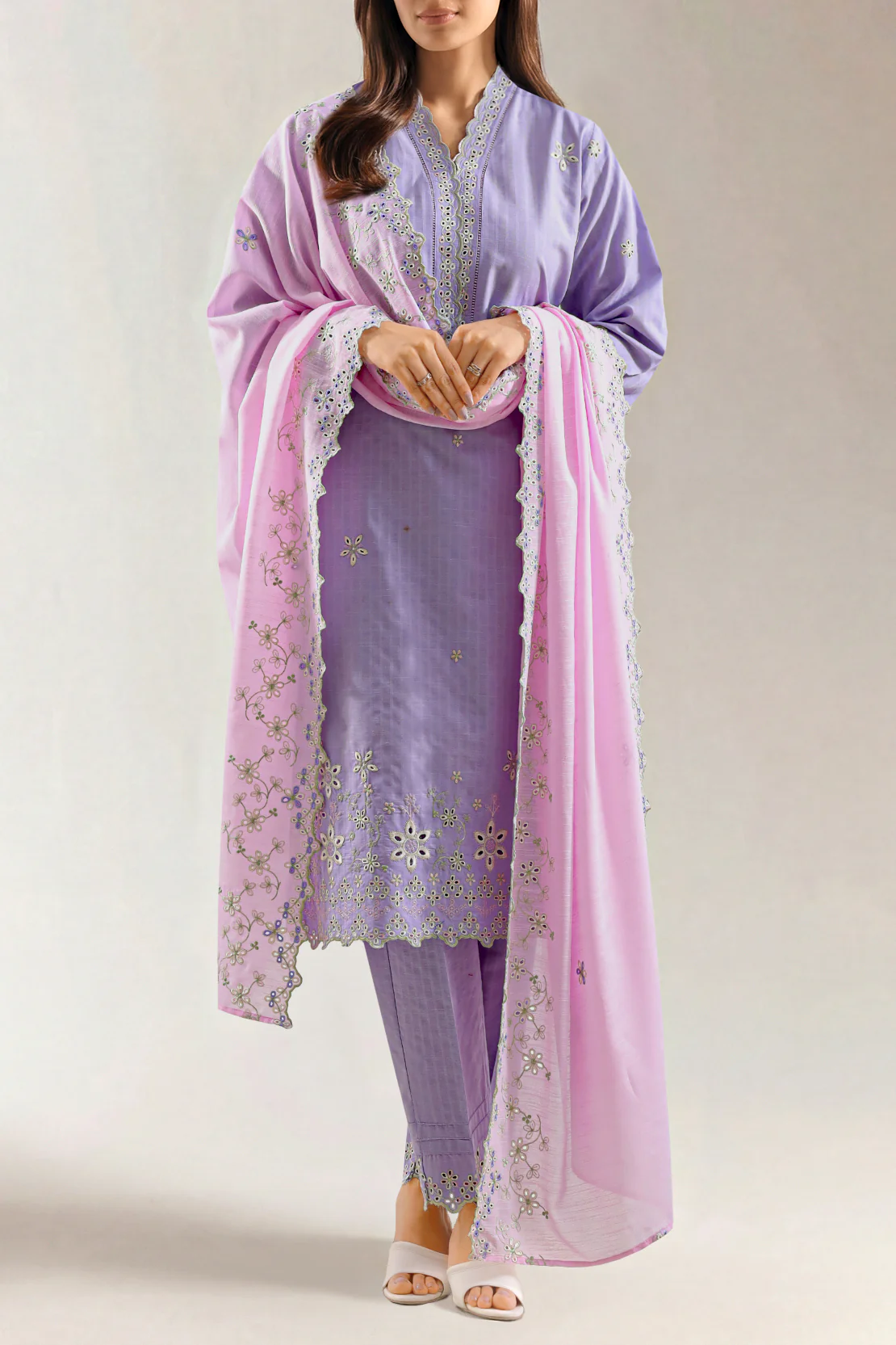 Solid Embroidered Slub Cotton Stitched 3 Piece