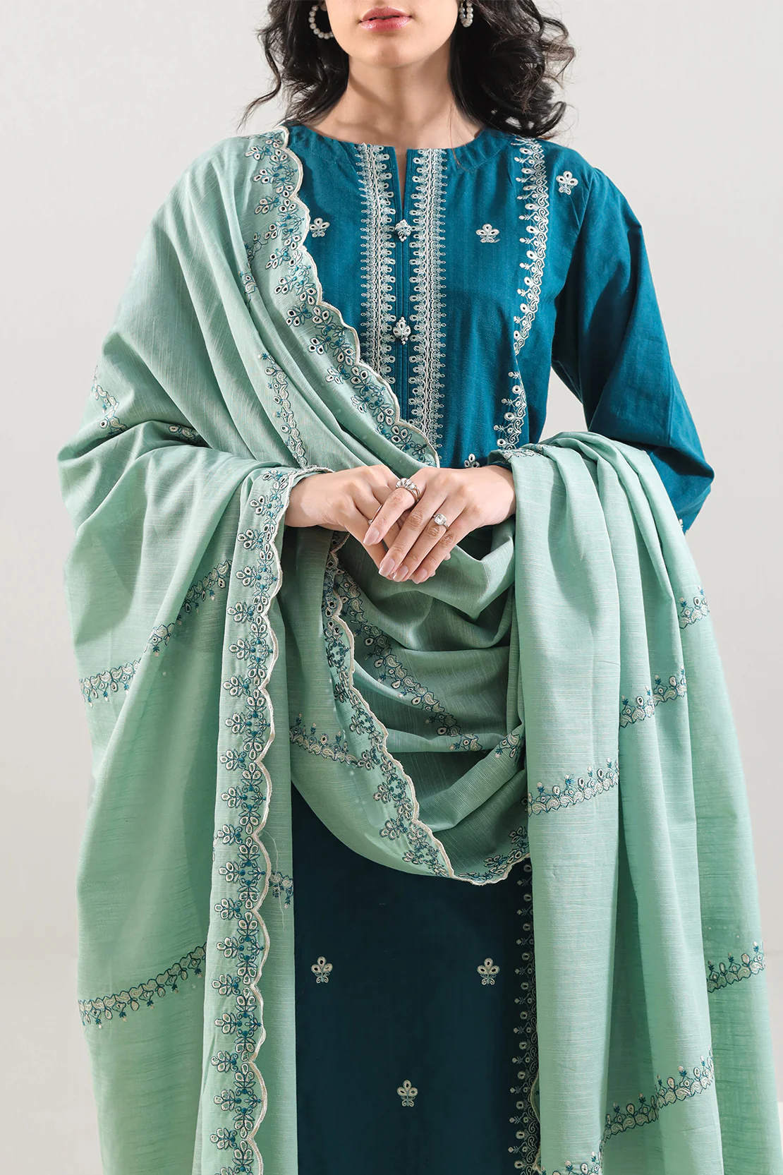 Solid Embroidered Slub Cotton Stitched 3 Piece - Image 2
