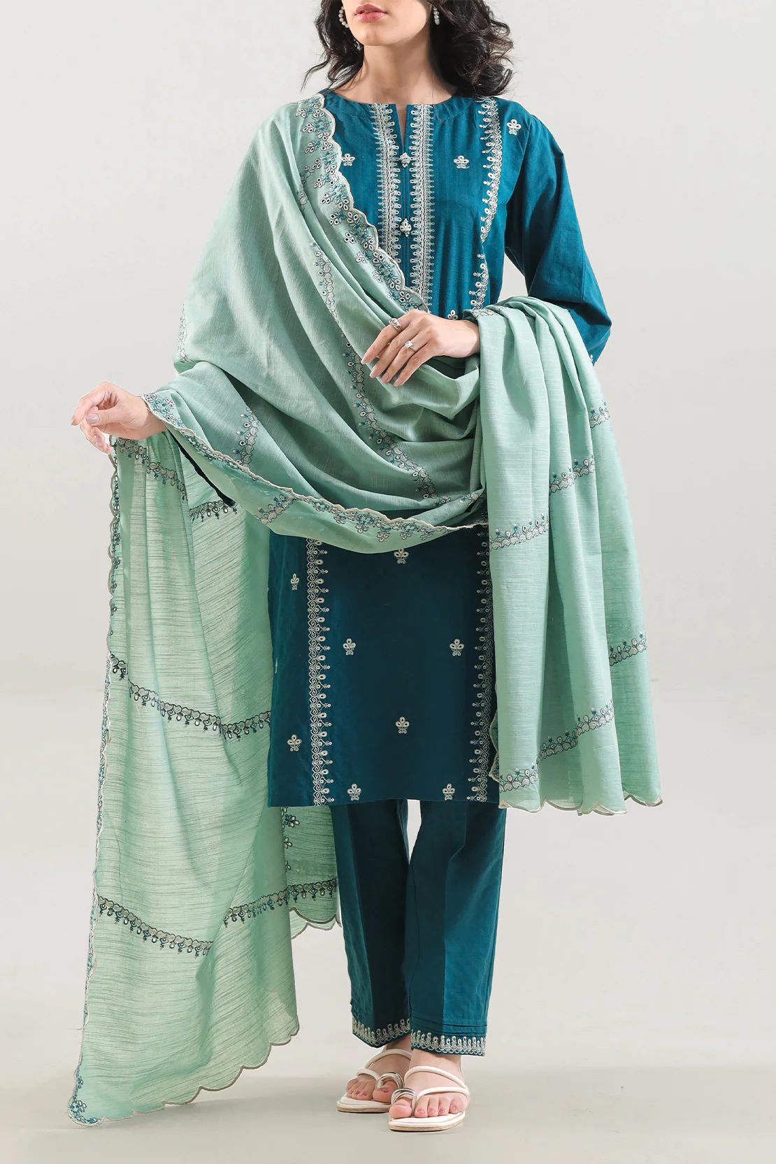 Solid Embroidered Slub Cotton Stitched 3 Piece - Image 3