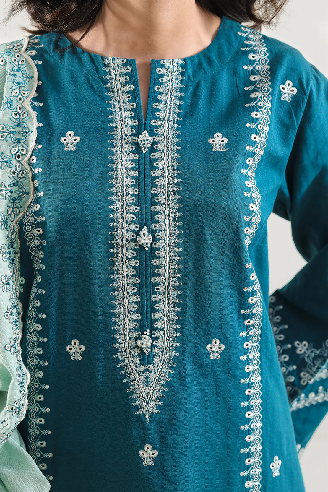 Solid Embroidered Slub Cotton Stitched 3 Piece - Image 4