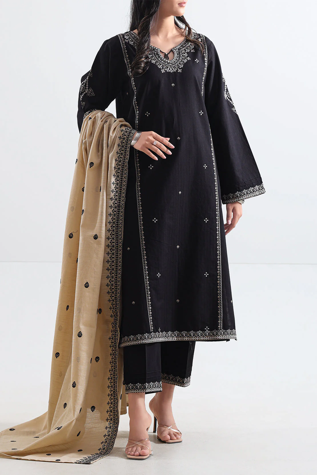 Solid Embroidered Slub Cotton Stitched 3 Piece