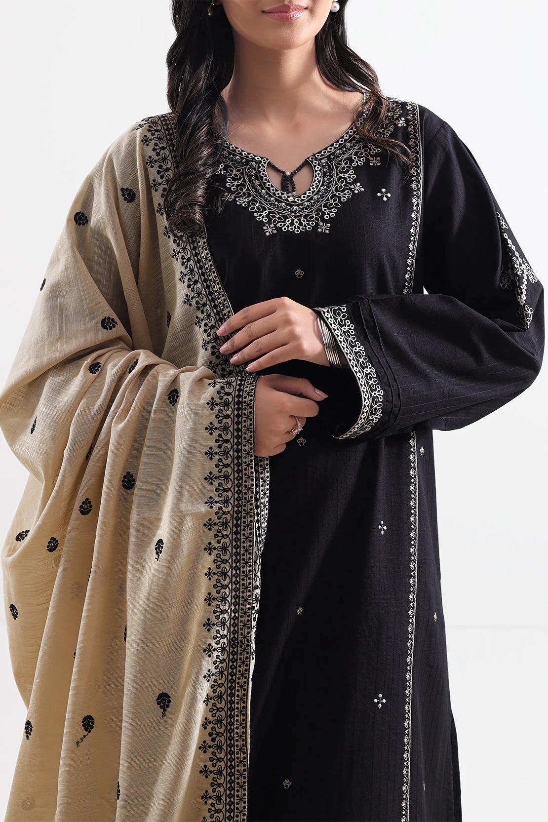 Solid Embroidered Slub Cotton Stitched 3 Piece - Image 2